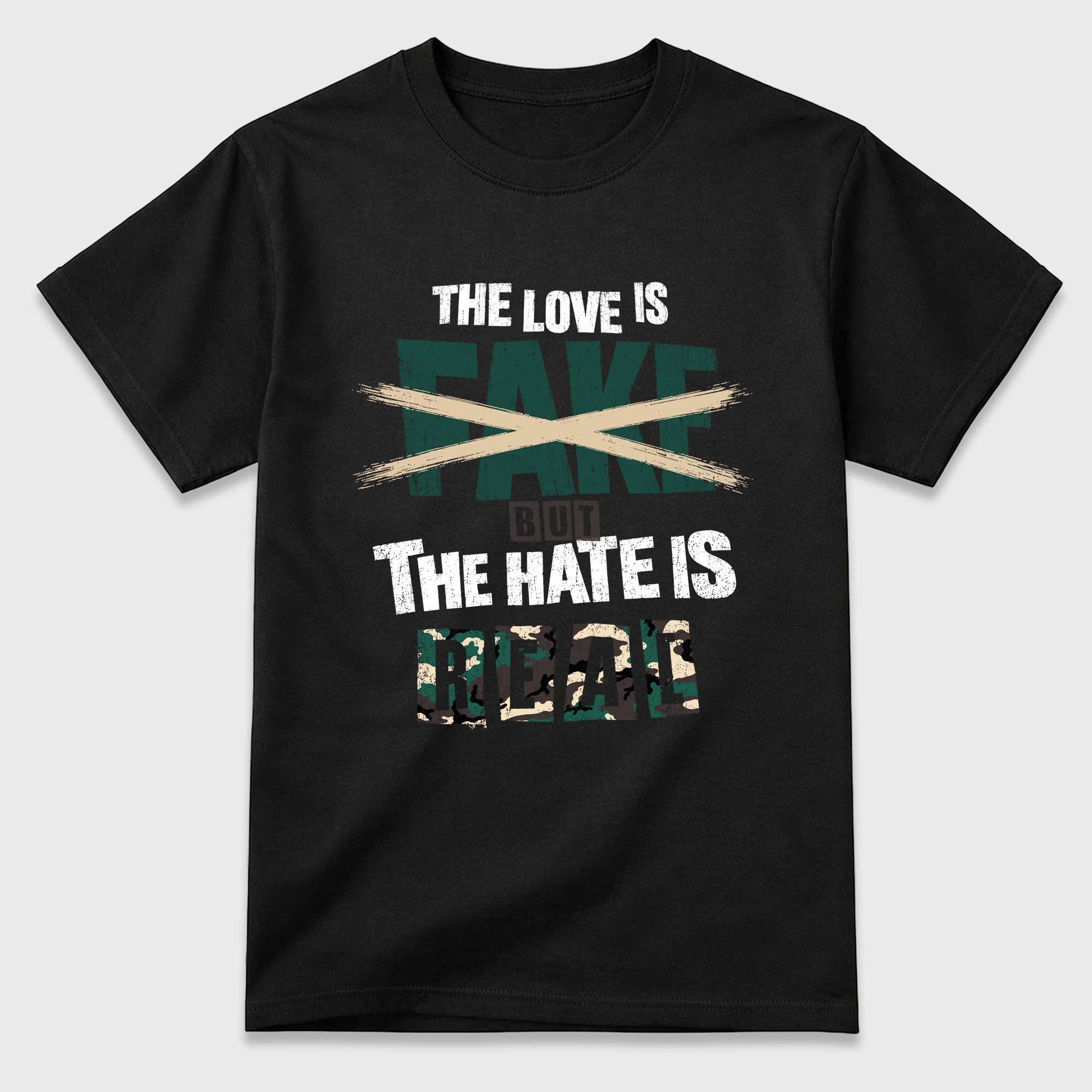 The Love is Fake But the Hate is Real Graphic T-Shirt featuring original streetwear artwork designed to match the Air Foamposite Pro Green Camo. Black 2 Graphic T-Shirt.