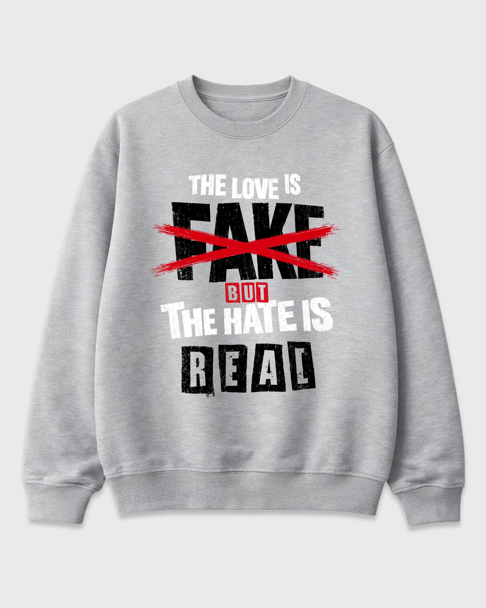 The Love is Fake But the Hate is Real Graphic T-Shirt featuring original streetwear artwork designed to match the Air Jordan 4 Bred. Heather Grey 2 Graphic Tee.