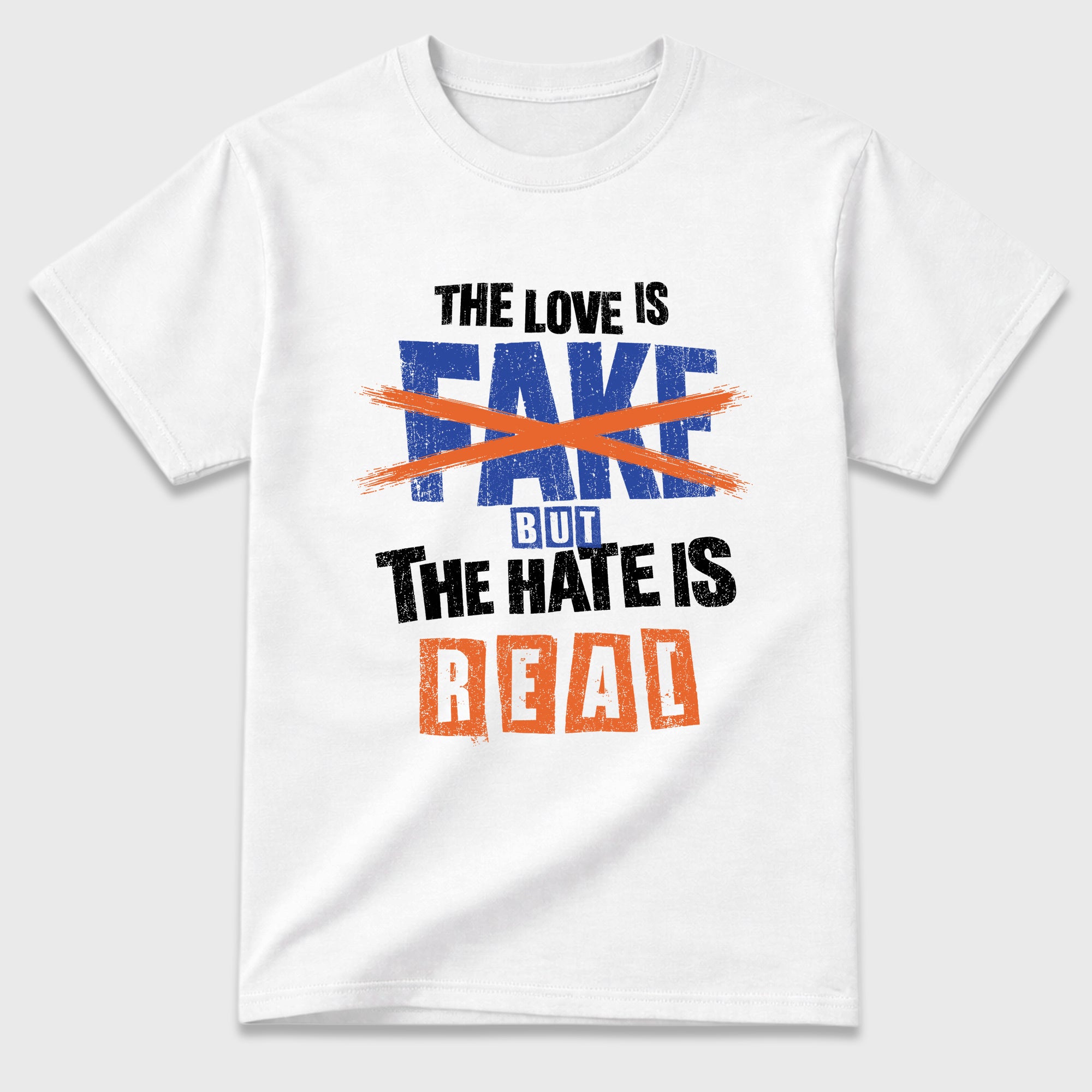 The Love is Fake But the Hate is Real Graphic T-Shirt featuring original streetwear artwork designed to match the Air Jordan 8 Knicks. White 2 Graphic T-Shirt.