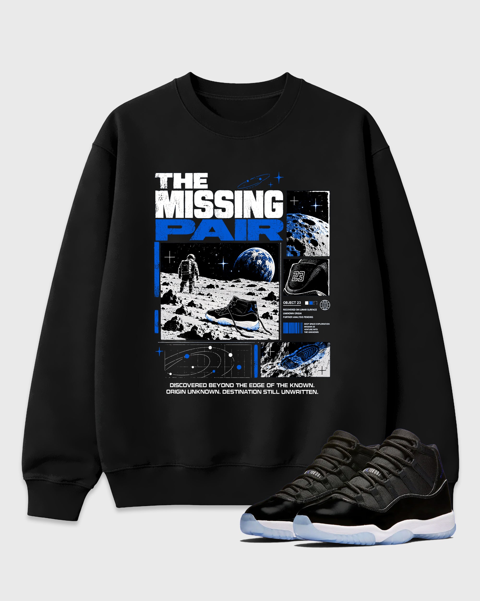 The Missing Pair Graphic T-Shirt featuring original streetwear artwork designed to match the Air Jordan 11 Retro Space Jam. Black 1 Graphic Tee.