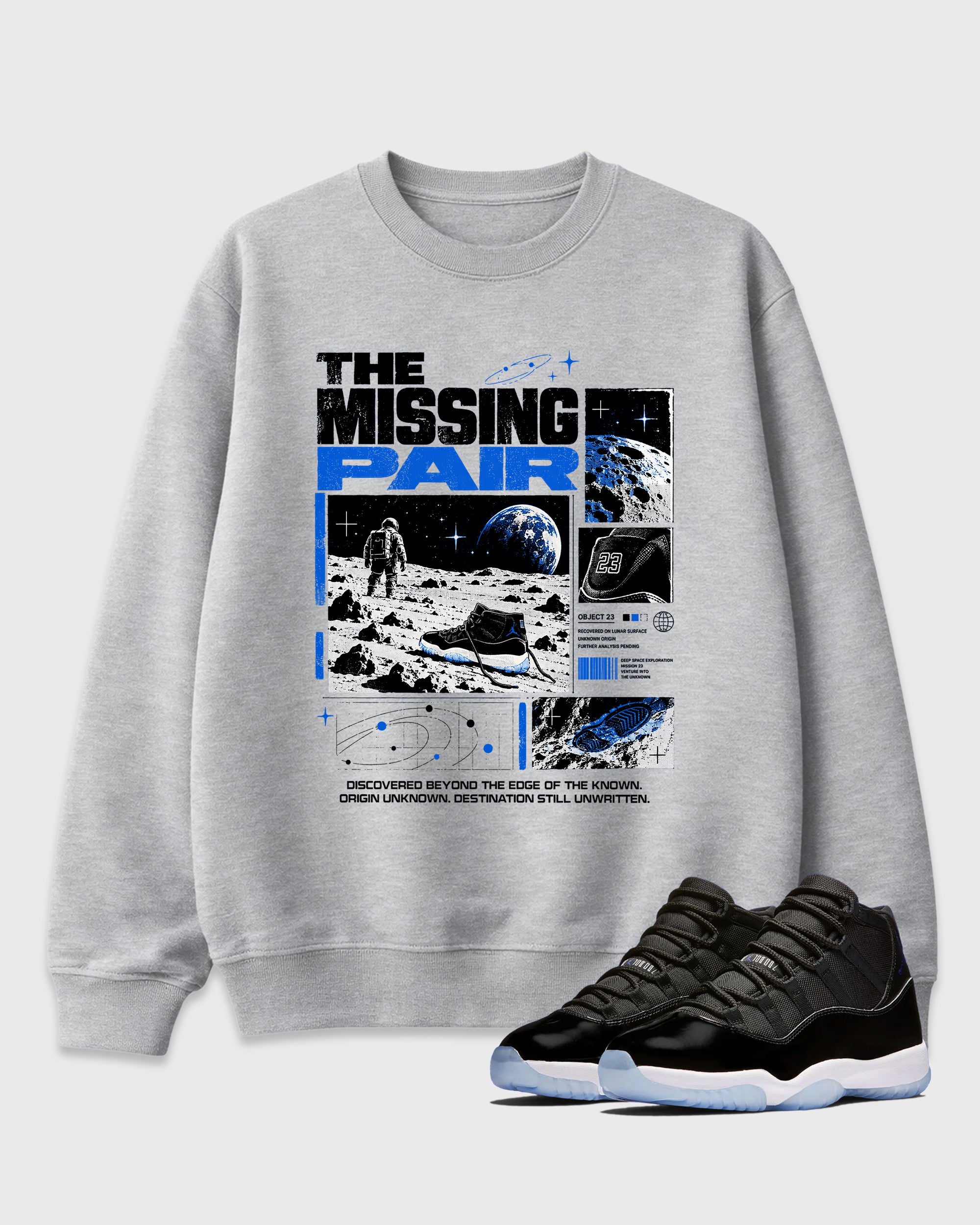 The Missing Pair Graphic T-Shirt featuring original streetwear artwork designed to match the Air Jordan 11 Retro Space Jam. Heather Grey 1 Graphic Tee.