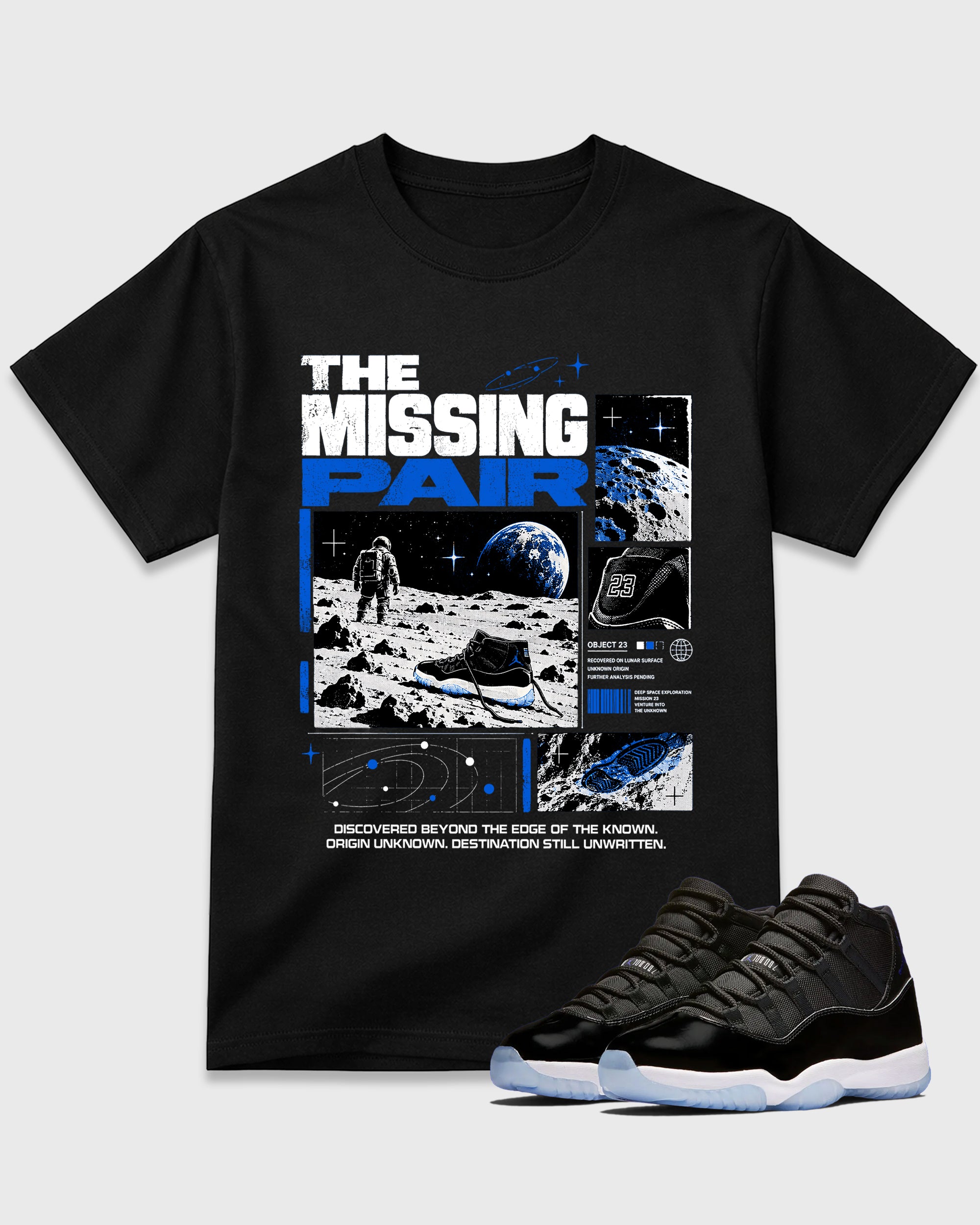 The Missing Pair Graphic T-Shirt featuring original streetwear artwork designed to match the Air Jordan 11 Retro Space Jam. Black 1 Graphic T-Shirt.