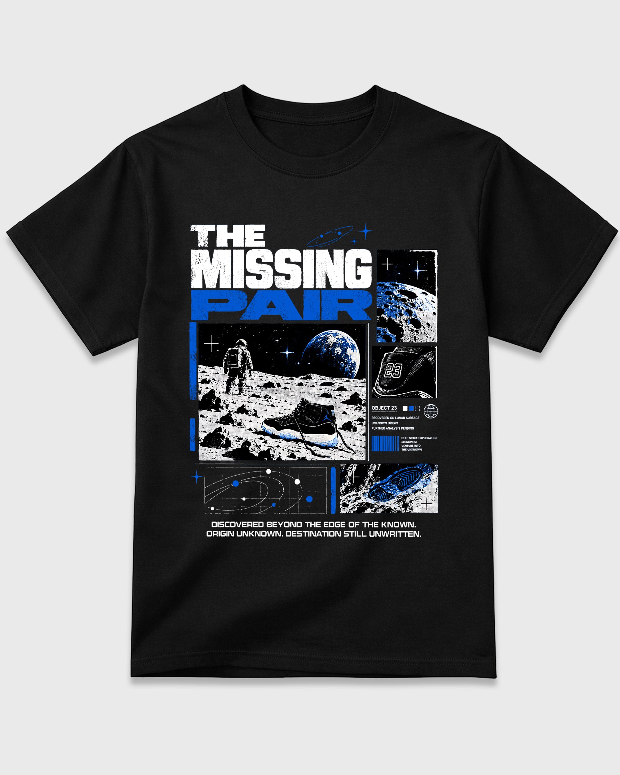 The Missing Pair Graphic T-Shirt featuring original streetwear artwork designed to match the Air Jordan 11 Retro Space Jam. Black 2 Graphic T-Shirt.
