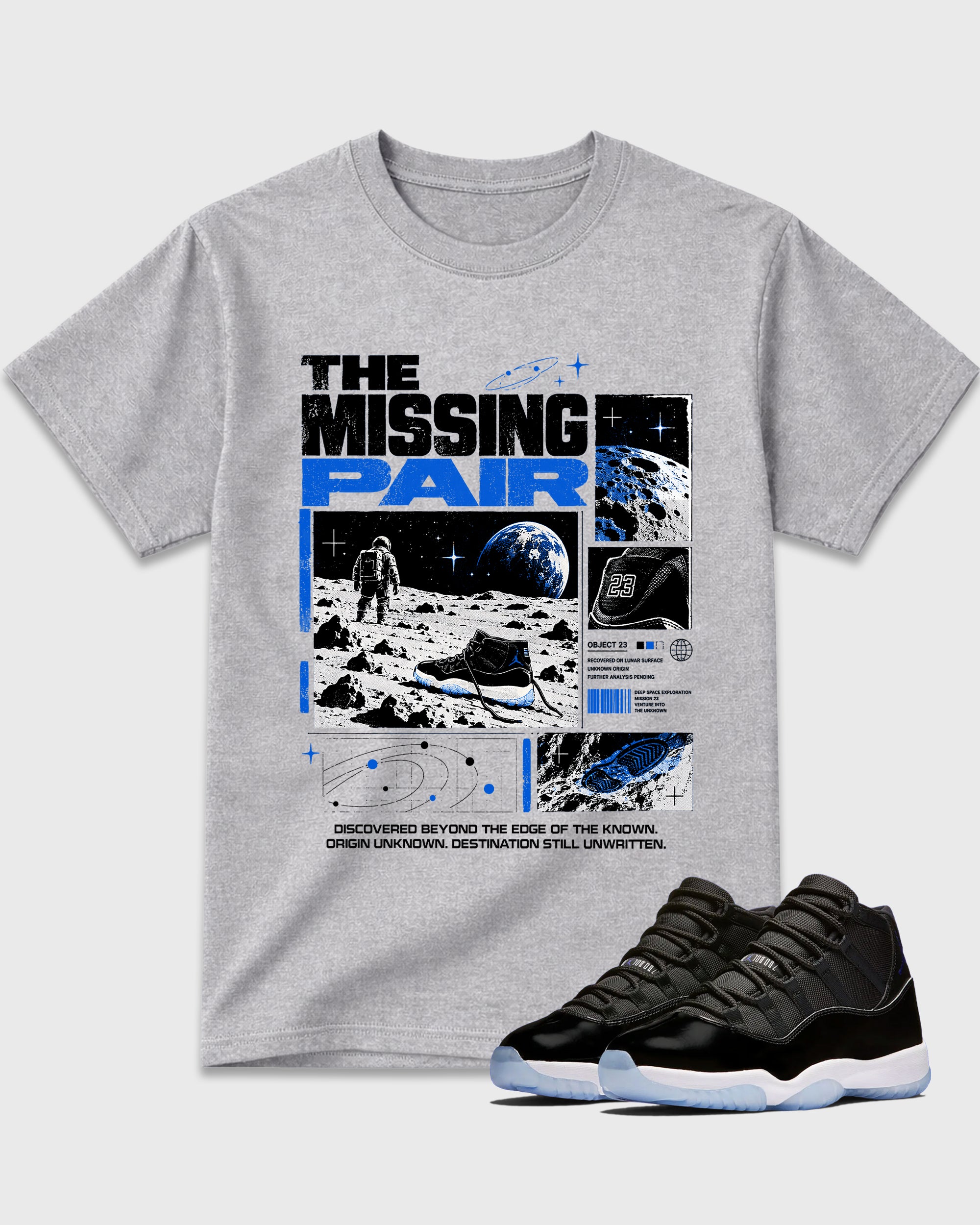The Missing Pair Graphic T-Shirt featuring original streetwear artwork designed to match the Air Jordan 11 Retro Space Jam. Heather Grey 1 Graphic T-Shirt.