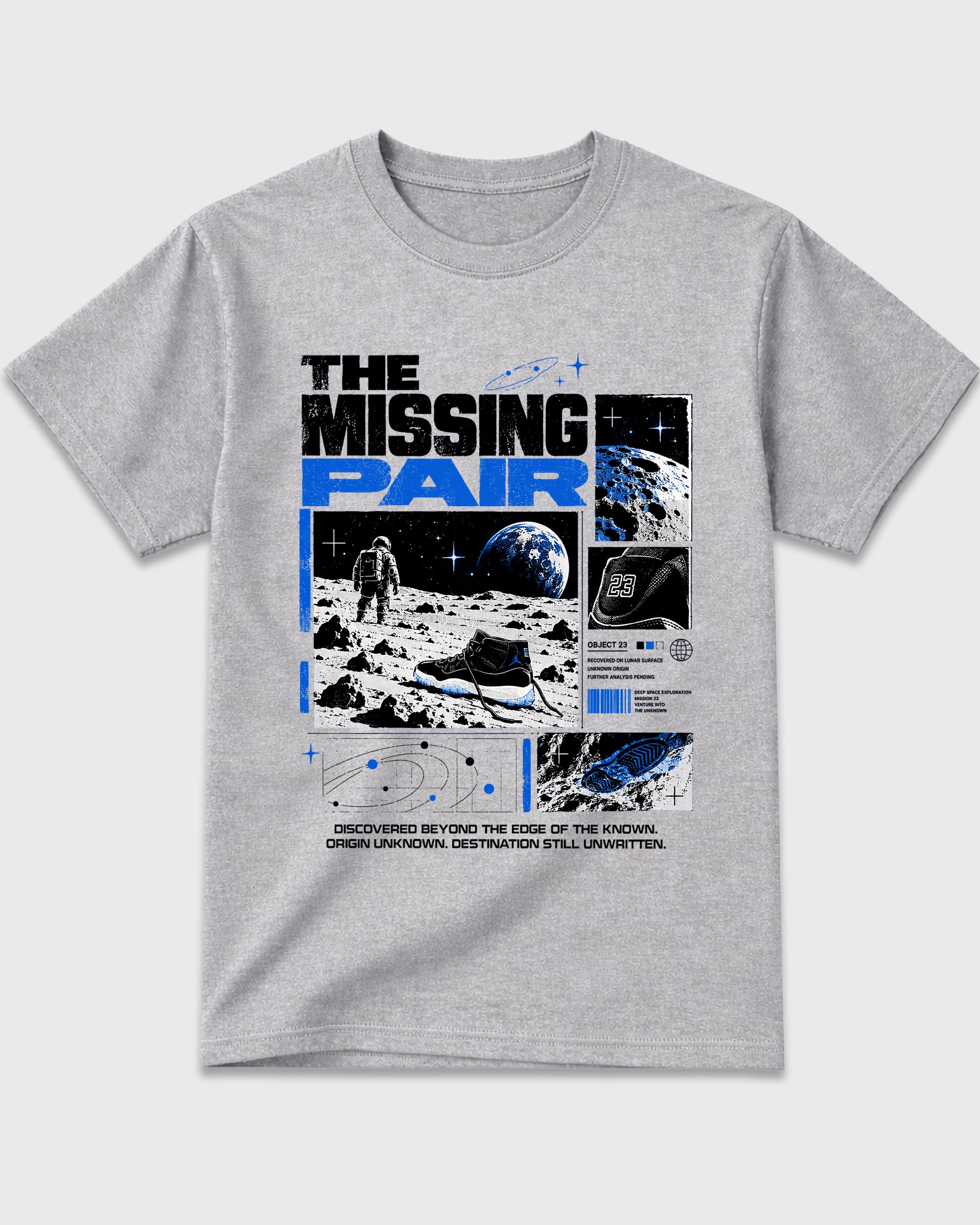 The Missing Pair Graphic T-Shirt featuring original streetwear artwork designed to match the Air Jordan 11 Retro Space Jam. Heather Grey 2 Graphic T-Shirt.