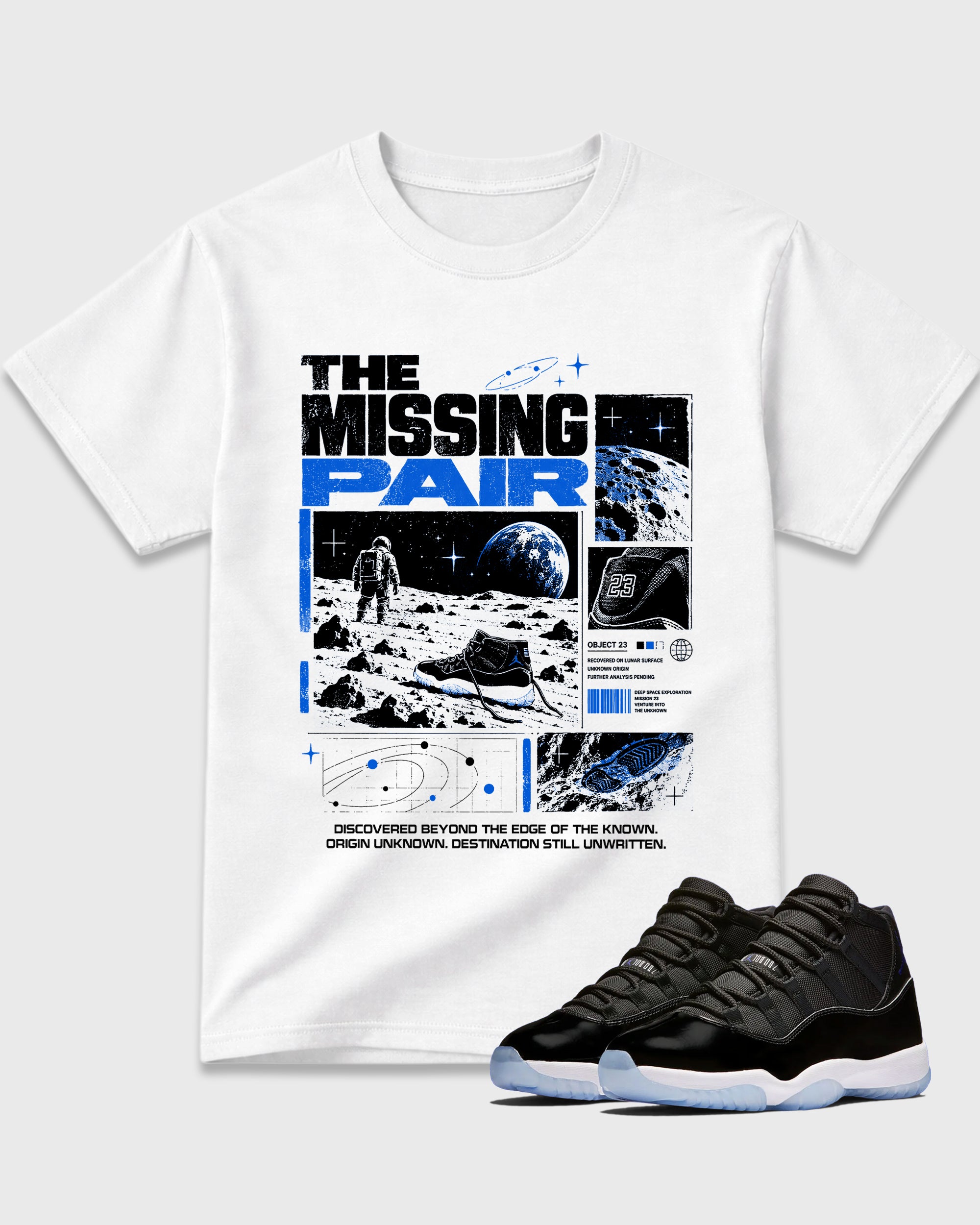 The Missing Pair Graphic T-Shirt featuring original streetwear artwork designed to match the Air Jordan 11 Retro Space Jam. White 1 Graphic T-Shirt.