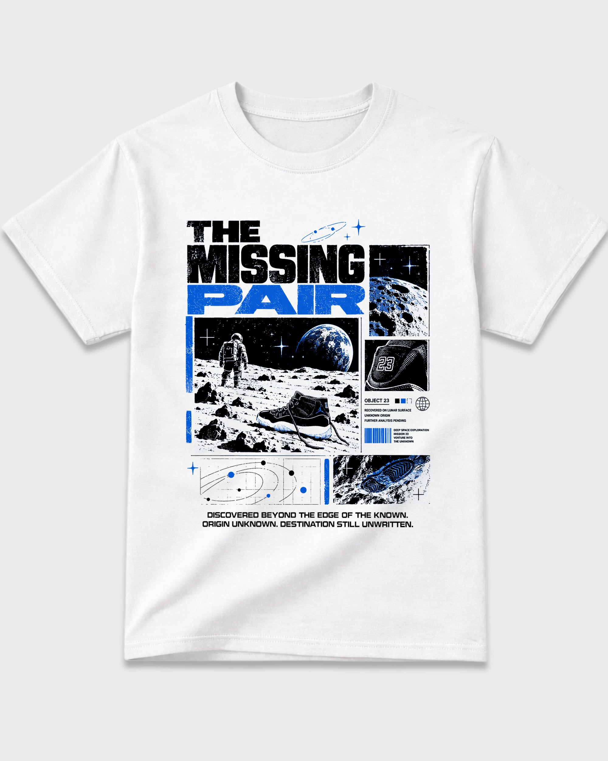 The Missing Pair Graphic T-Shirt featuring original streetwear artwork designed to match the Air Jordan 11 Retro Space Jam. White 2 Graphic T-Shirt.