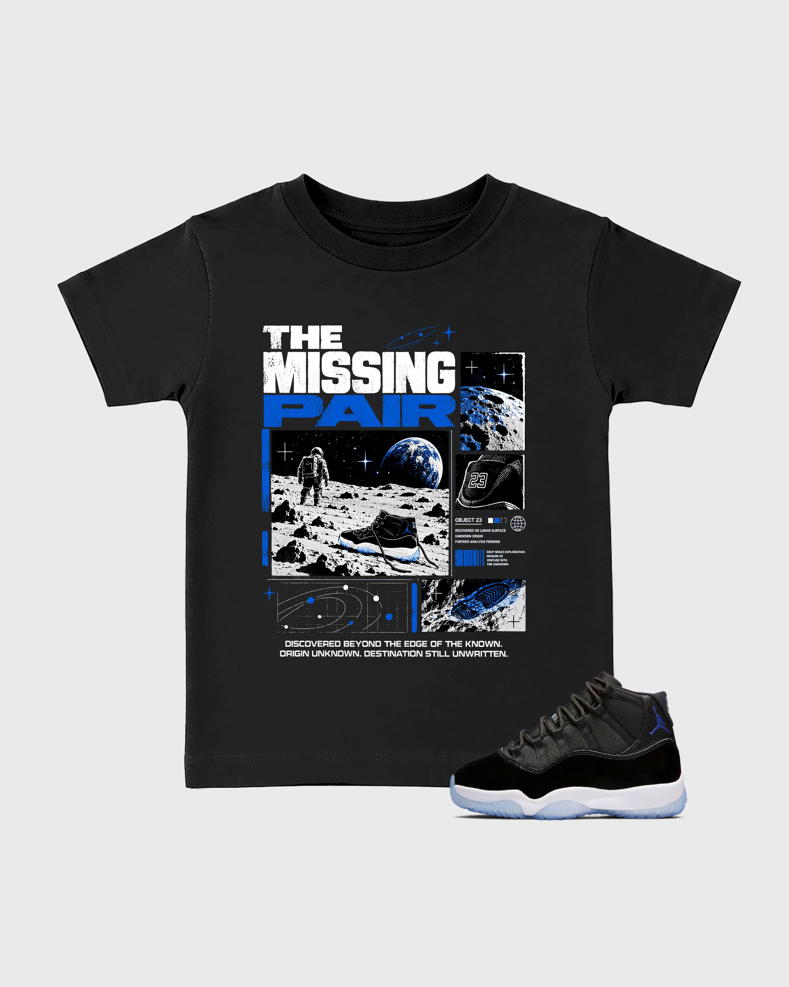The Missing Pair Baby & Kids Graphic T-Shirt featuring original artwork designed to match the Air Jordan 11 Retro Space Jam. Black 1 Kids Graphic Tee.