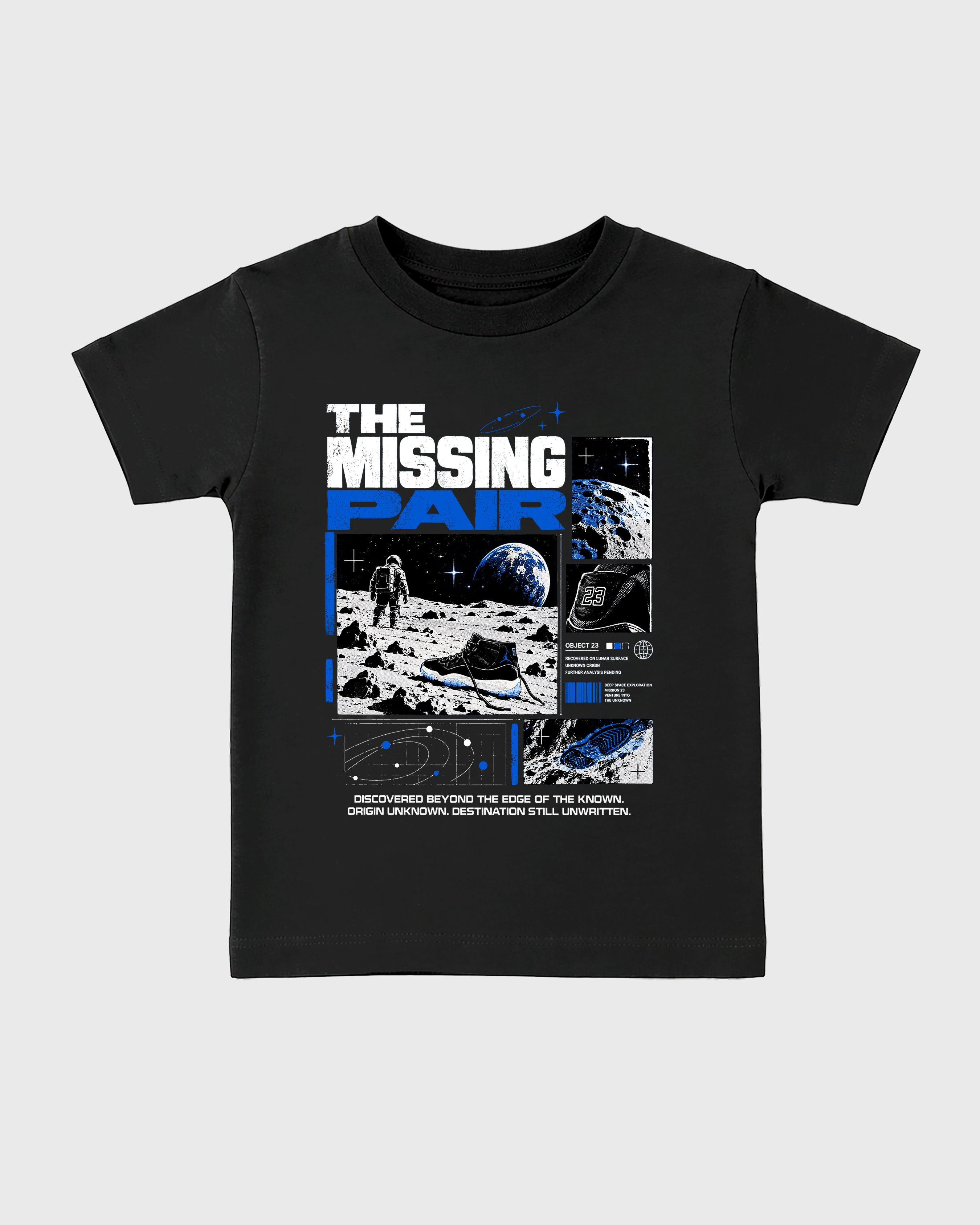 The Missing Pair Baby & Kids Graphic T-Shirt featuring original artwork designed to match the Air Jordan 11 Retro Space Jam. Black 2 Kids Graphic Tee.