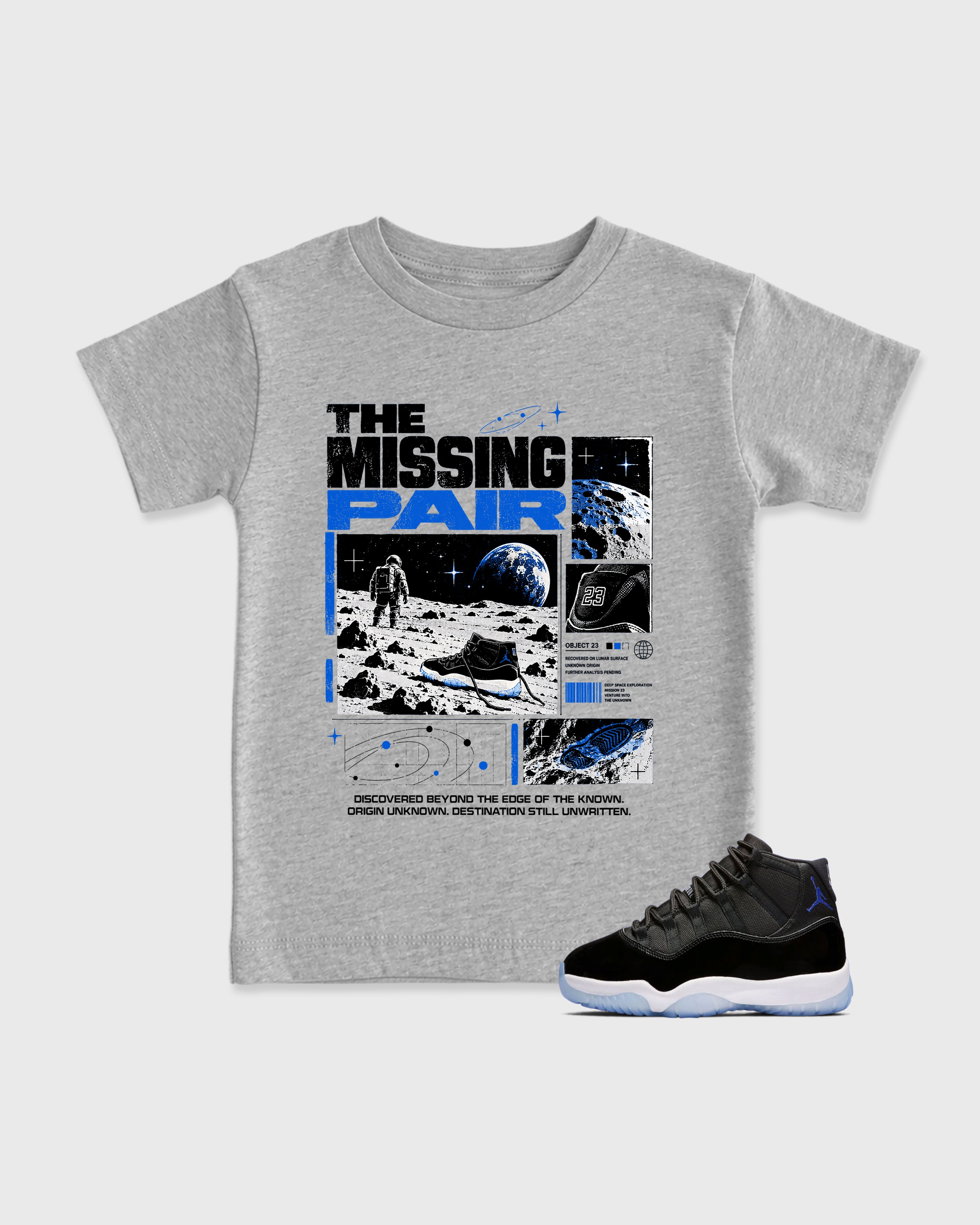 The Missing Pair Baby & Kids Graphic T-Shirt featuring original artwork designed to match the Air Jordan 11 Retro Space Jam. Heather Grey 1 Kids Graphic Tee.