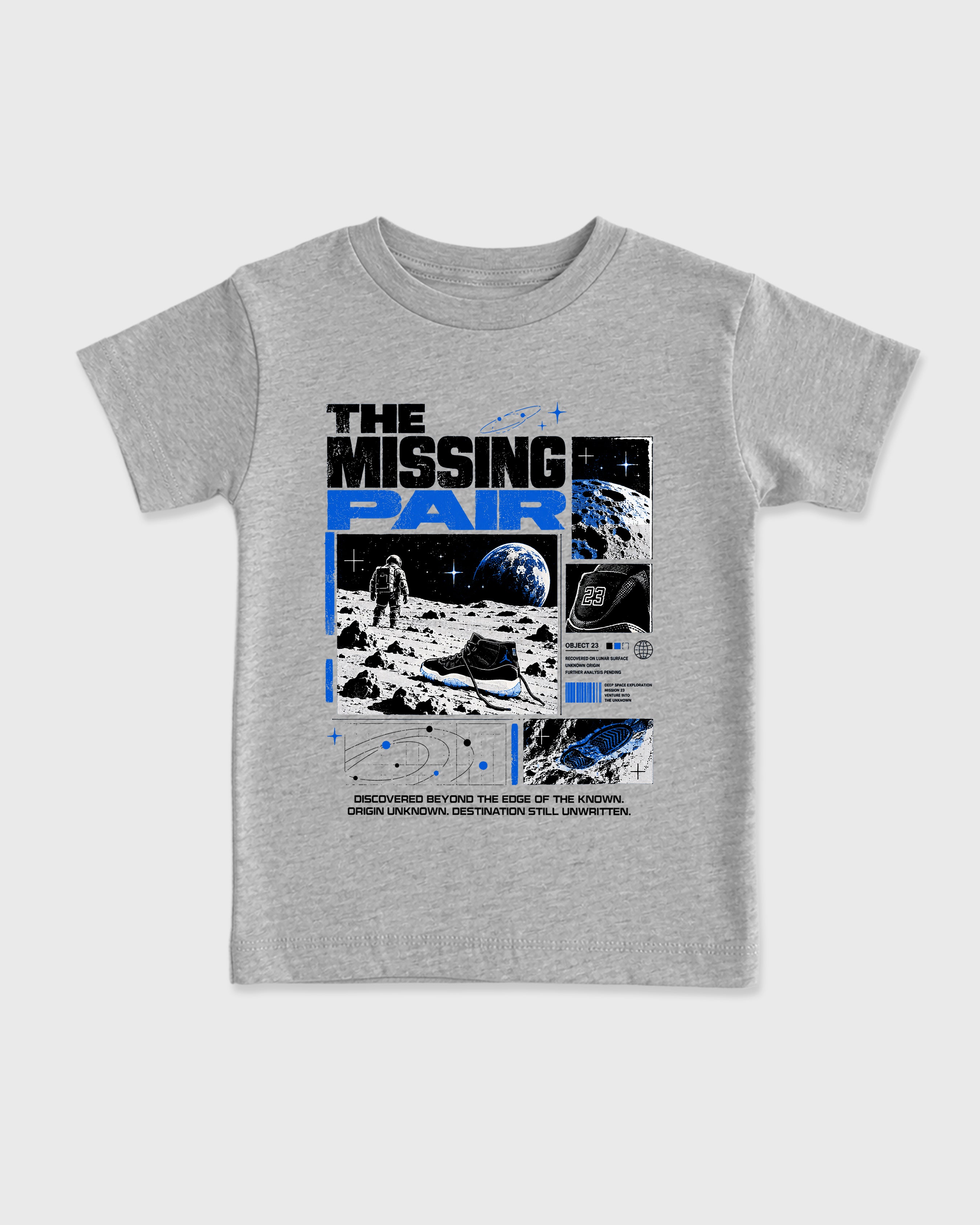 The Missing Pair Baby & Kids Graphic T-Shirt featuring original artwork designed to match the Air Jordan 11 Retro Space Jam. Heather Grey 2 Kids Graphic Tee.