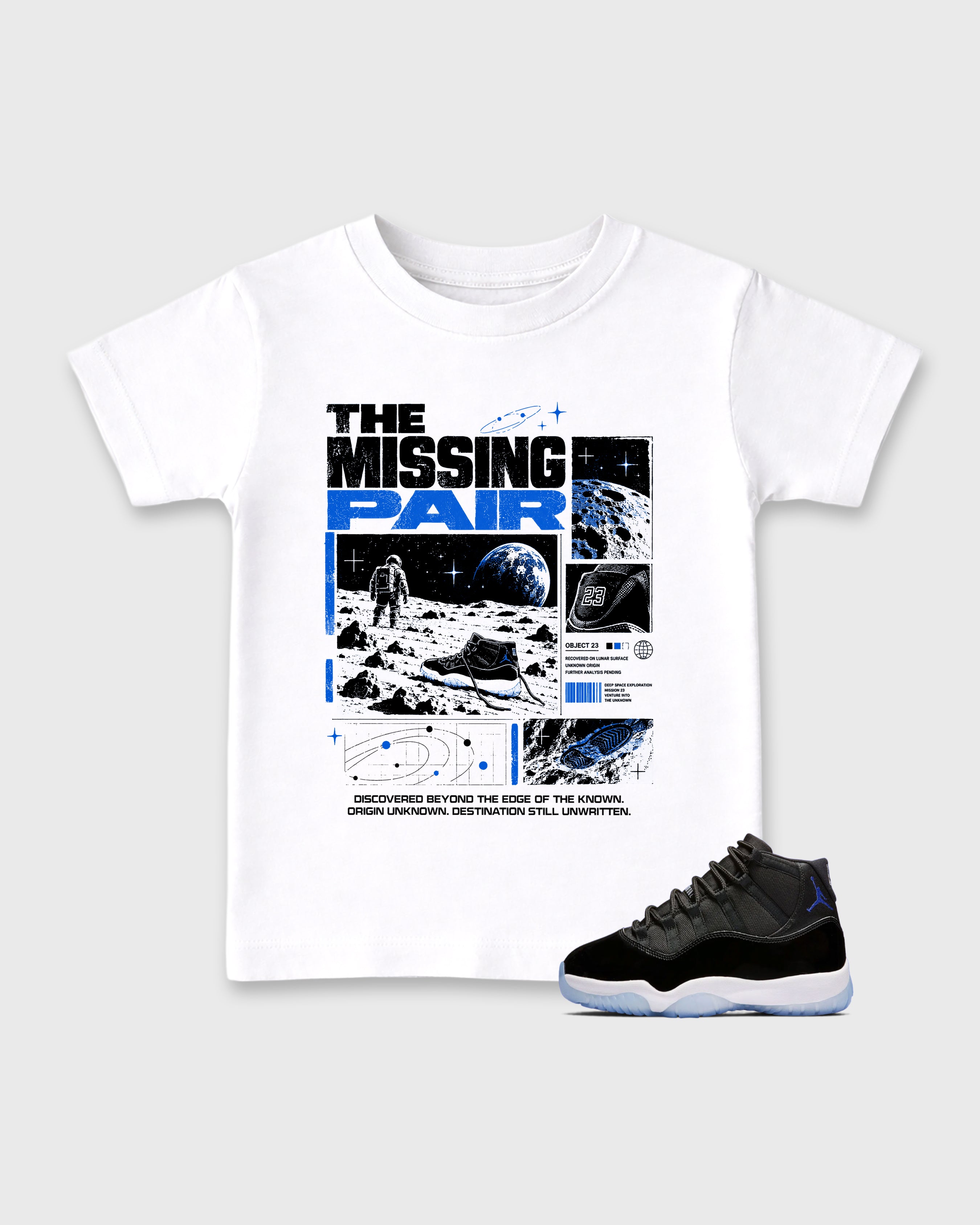 The Missing Pair Baby & Kids Graphic T-Shirt featuring original artwork designed to match the Air Jordan 11 Retro Space Jam. White 1 Kids Graphic Tee.