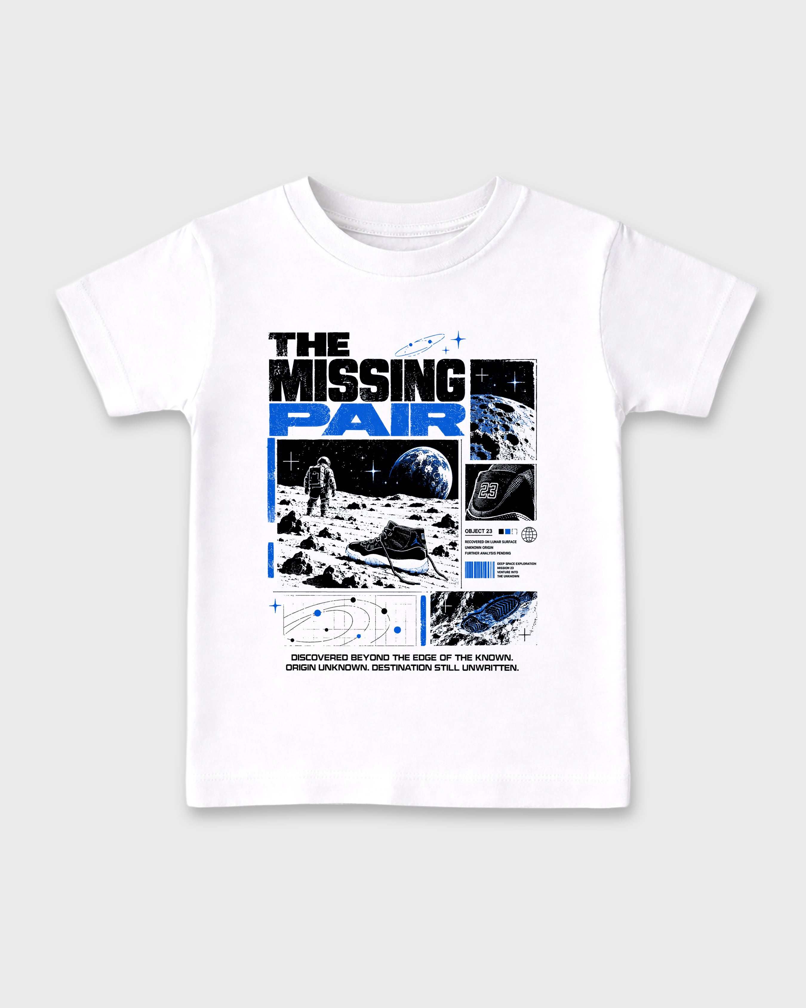 The Missing Pair Baby & Kids Graphic T-Shirt featuring original artwork designed to match the Air Jordan 11 Retro Space Jam. White 2 Kids Graphic Tee.