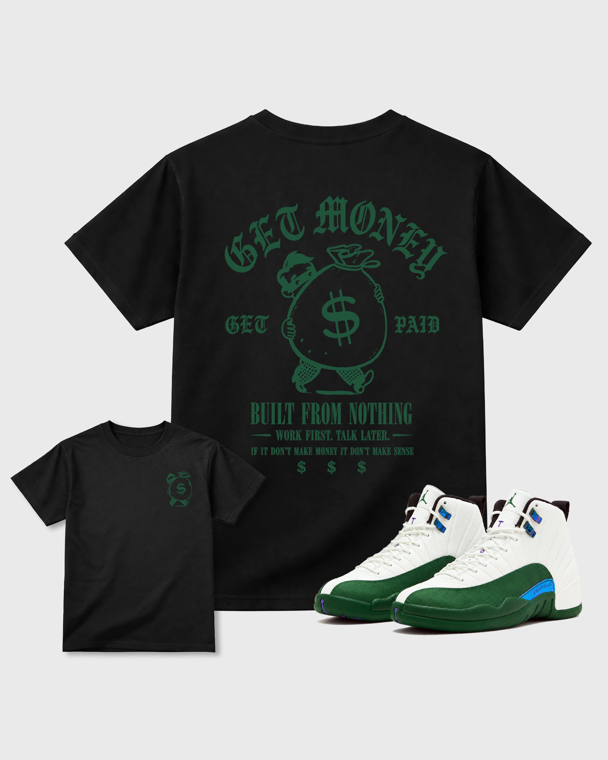 The Money Man Black Graphic T-Shirt - 1, sneaker matching tee designed to match Air Jordan 12 Rero Summit white and Gorge Green sneakers for a coordinated sneaker outfit.
