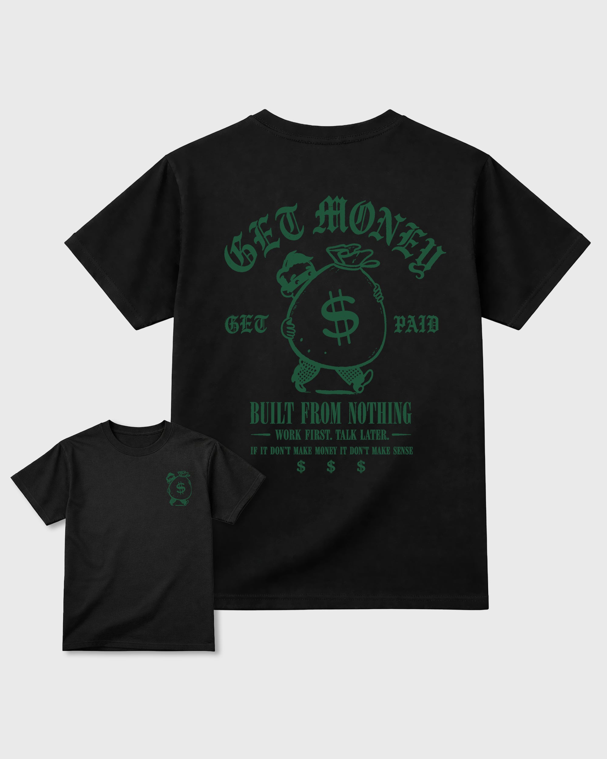 The Money Man Black Graphic T-Shirt - 2, sneaker tee made to match Air Jordan 12 Rero Summit white and Gorge Green sneakers with original graphic artwork for a coordinated sneaker outfit.