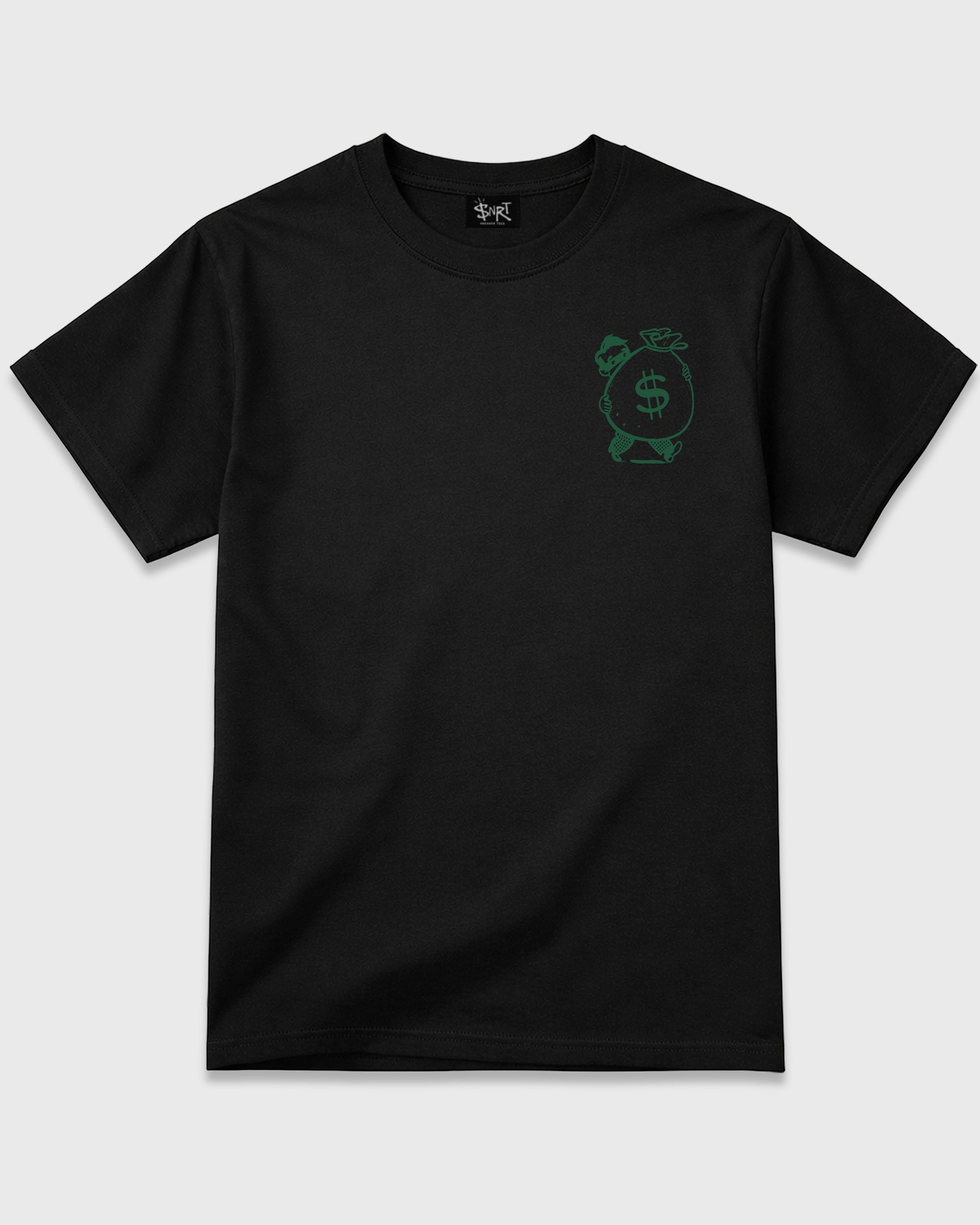 The Money Man Black Graphic T-Shirt - 3, sneaker matching shirt designed to pair with Air Jordan 12 Rero Summit white and Gorge Green sneakers for a coordinated streetwear outfit.