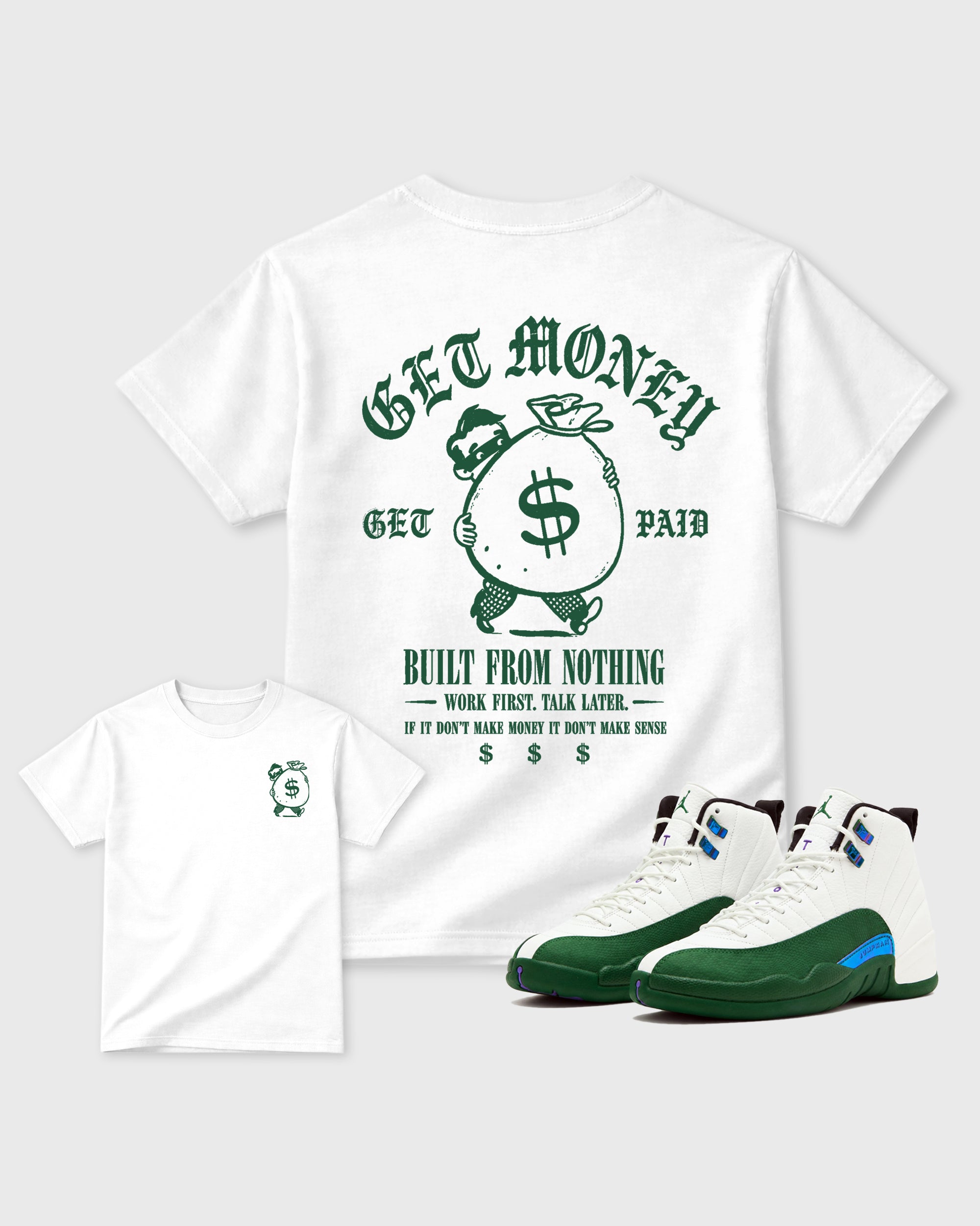 The Money Man White Graphic T-Shirt - 1, sneaker matching tee designed to match Air Jordan 12 Rero Summit white and Gorge Green sneakers for a coordinated sneaker outfit.