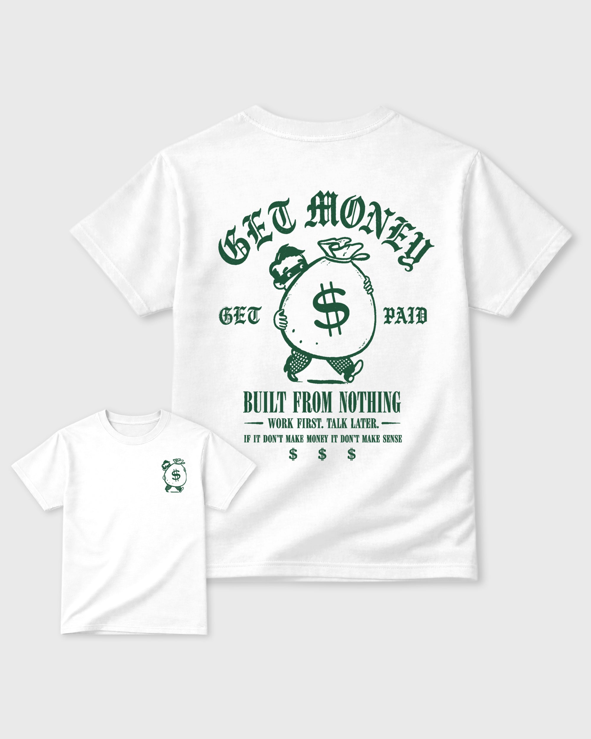 The Money Man White Graphic T-Shirt - 1, sneaker matching tee designed to match Air Jordan 12 Rero Summit white and Gorge Green sneakers for a coordinated sneaker outfit.