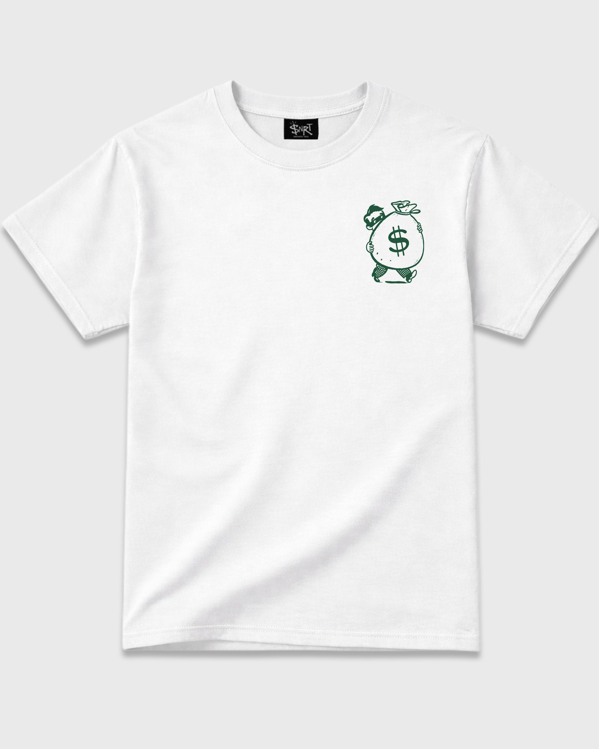 The Money Man White Graphic T-Shirt - 2, sneaker tee made to match Air Jordan 12 Rero Summit white and Gorge Green sneakers with original graphic artwork for a coordinated sneaker outfit.