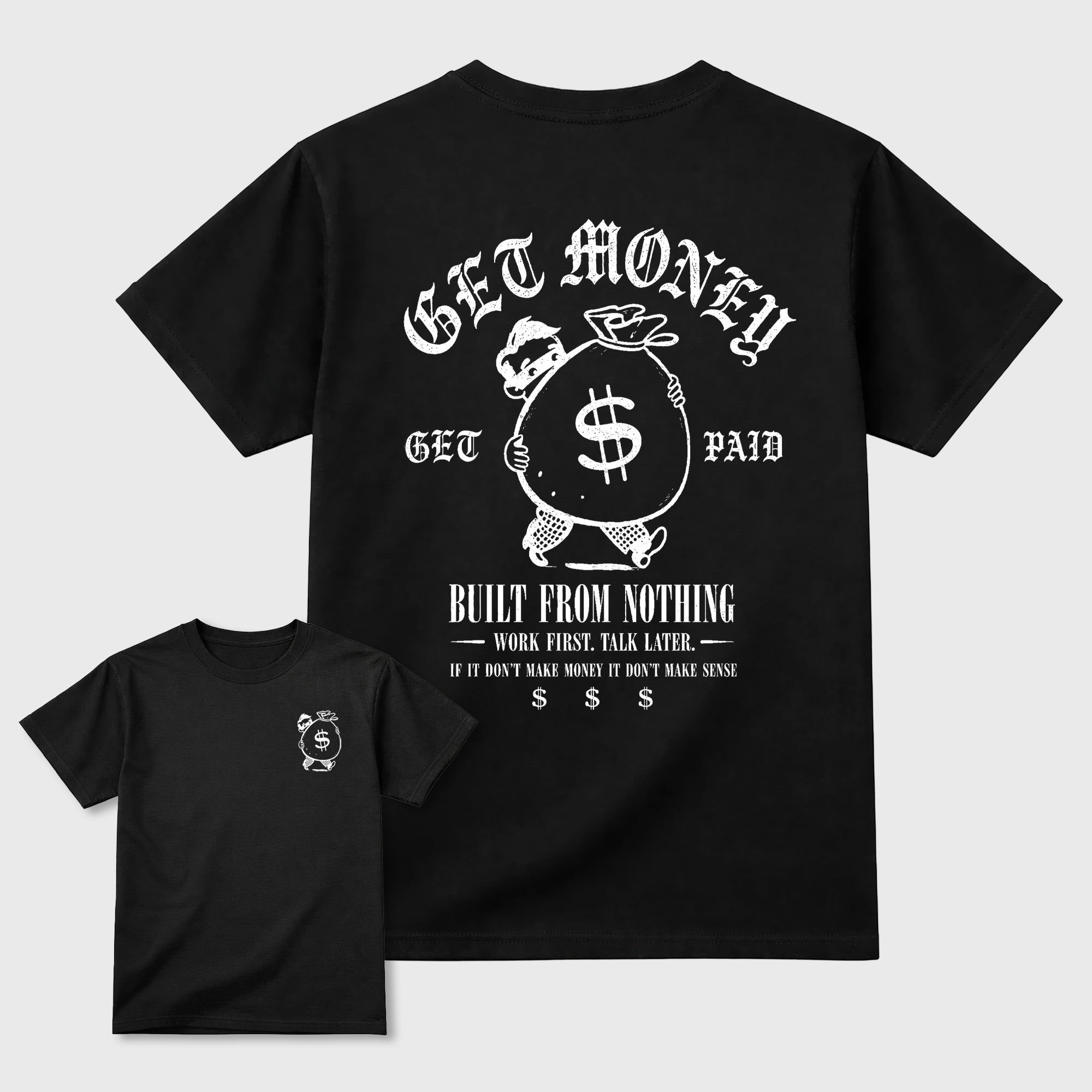 The Money Man Graphic T-Shirt featuring original streetwear artwork designed to match the Air Jordan 6 Cookie and Cream. Black Graphic T-Shirt.