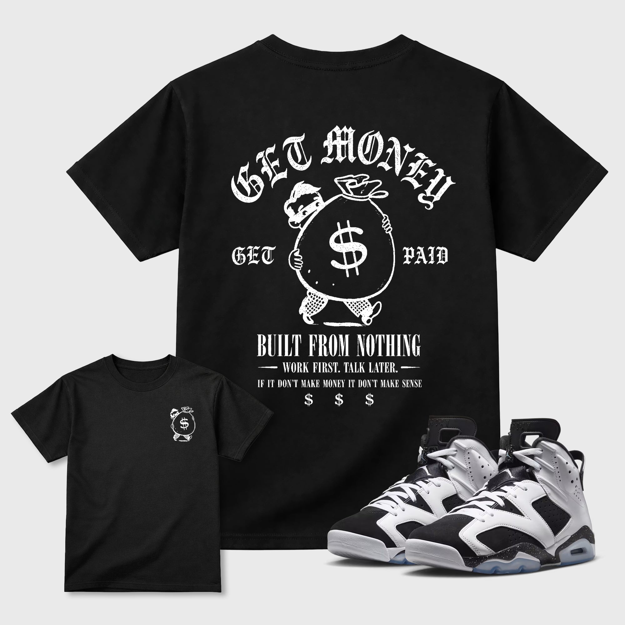 The Money Man Graphic T-Shirt featuring original streetwear artwork designed to match the . Black Graphic T-Shirt.