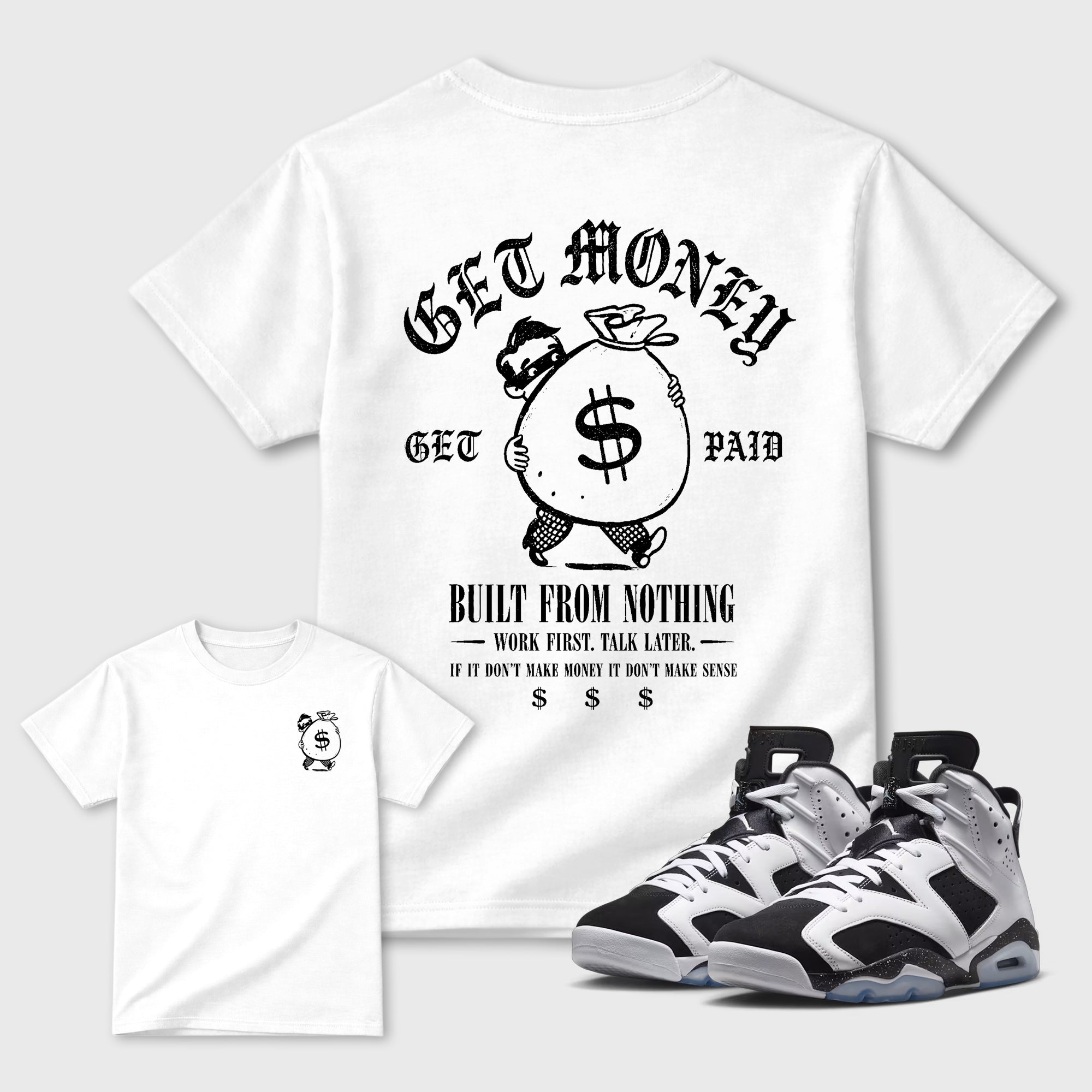 The Money Man Graphic T-Shirt featuring original streetwear artwork designed to match the . White Graphic T-Shirt.