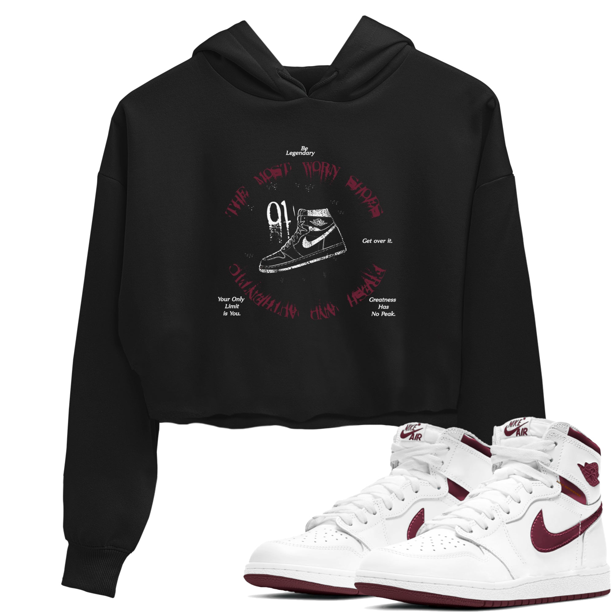 1s Metallic Burgundy shirts to match jordans The Most Worn Shoes sneaker match tees Jordan 1 Retro High '85 OG Metallic Burgundy SNRT Sneaker Tees streetwear brand Black 1 crop tee