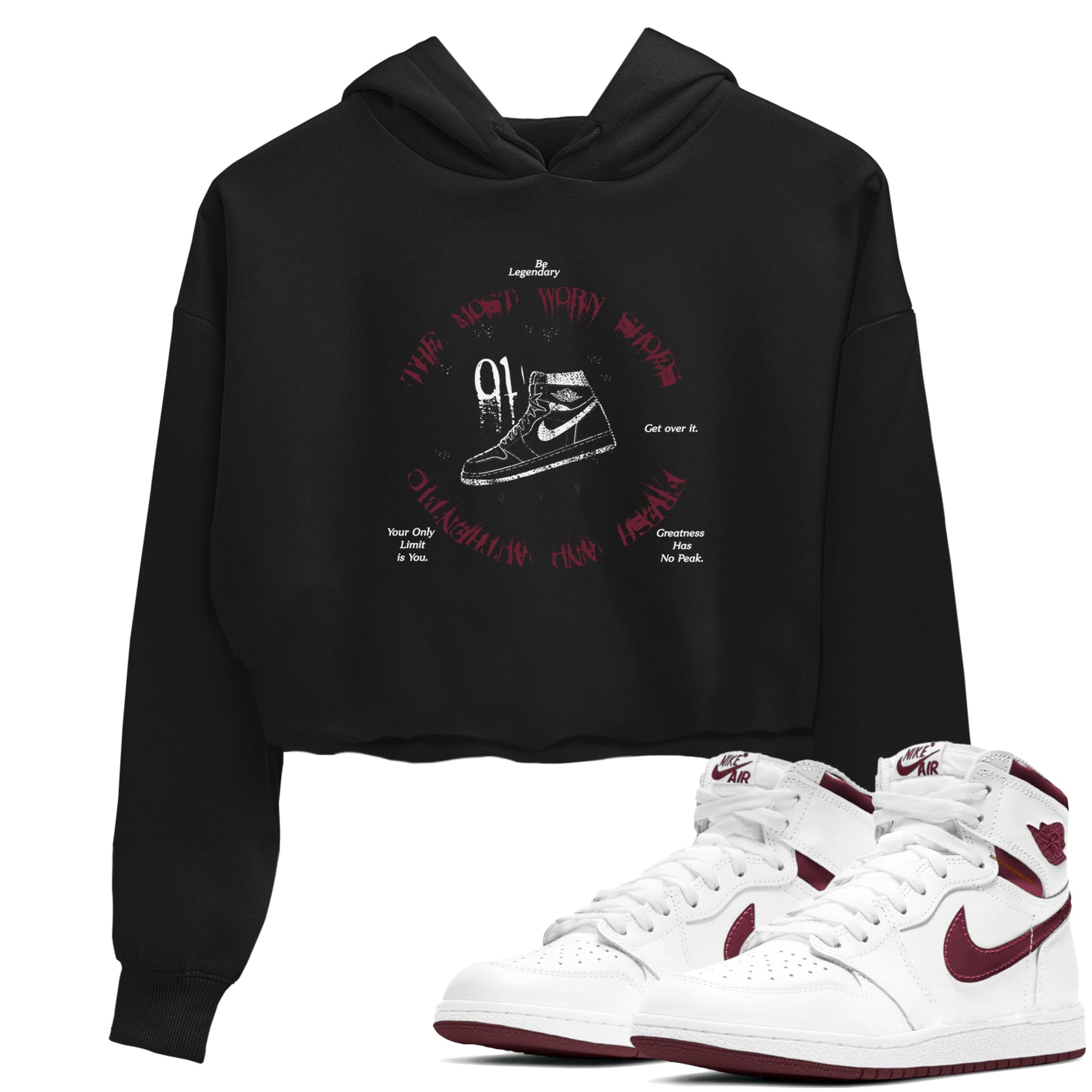 1s Metallic Burgundy shirts to match jordans The Most Worn Shoes sneaker match tees Jordan 1 Retro High '85 OG Metallic Burgundy SNRT Sneaker Tees streetwear brand Black 1 crop tee