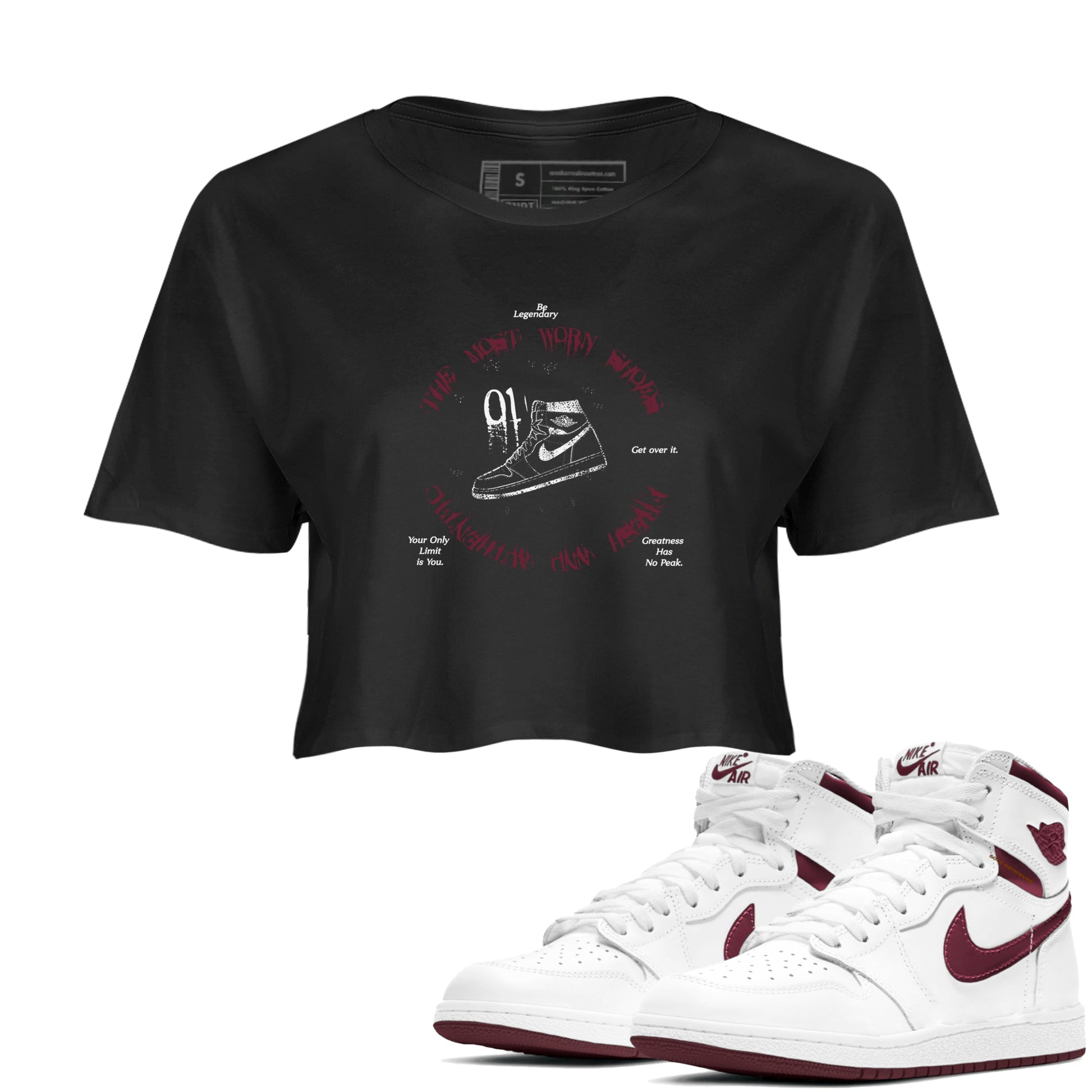 1s Metallic Burgundy shirts to match jordans The Most Worn Shoes sneaker match tees Jordan 1 Retro High '85 OG Metallic Burgundy SNRT Sneaker Tees streetwear brand Black 1 crop tee