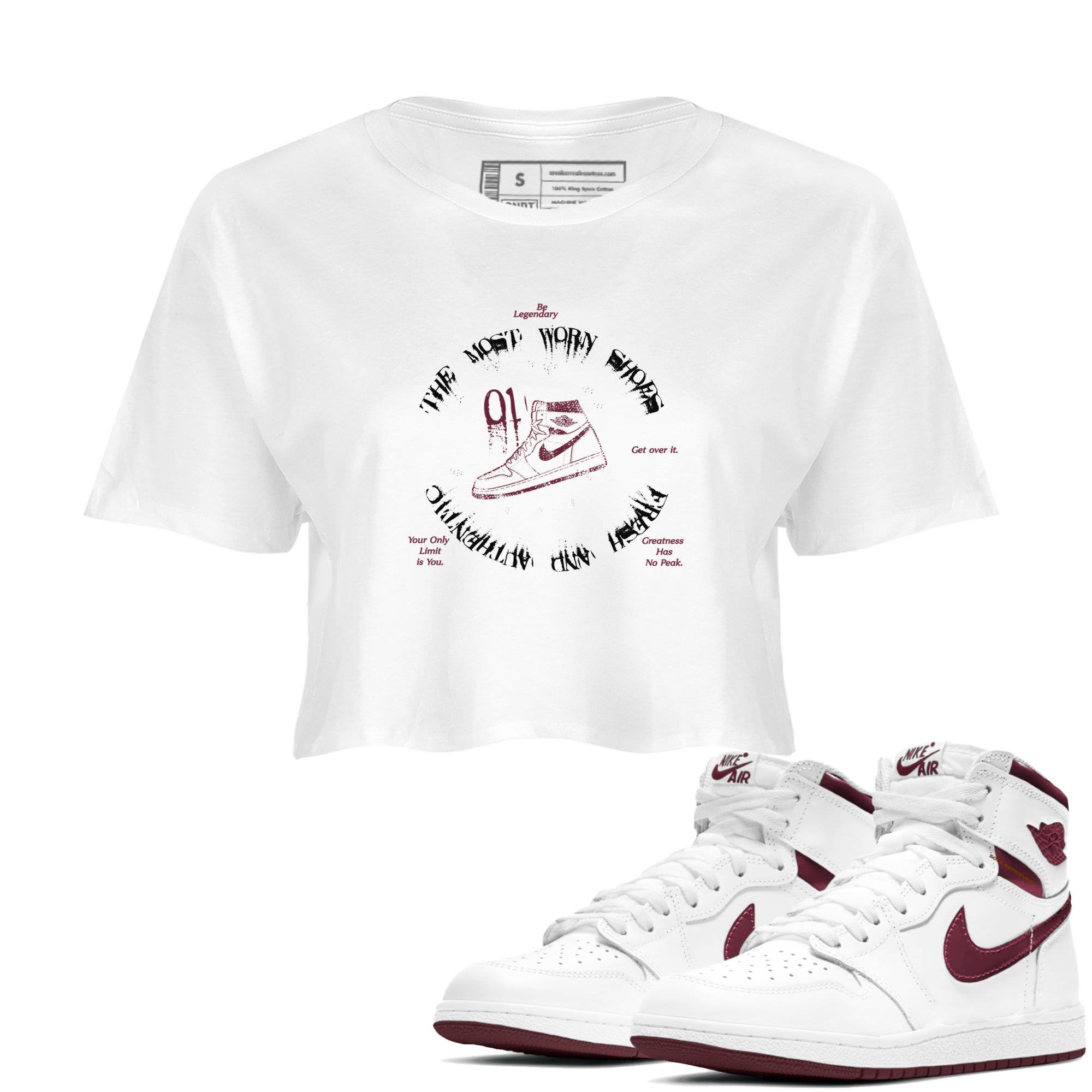 1s Metallic Burgundy shirts to match jordans The Most Worn Shoes sneaker match tees Jordan 1 Retro High '85 OG Metallic Burgundy SNRT Sneaker Tees streetwear brand White 1 crop tee