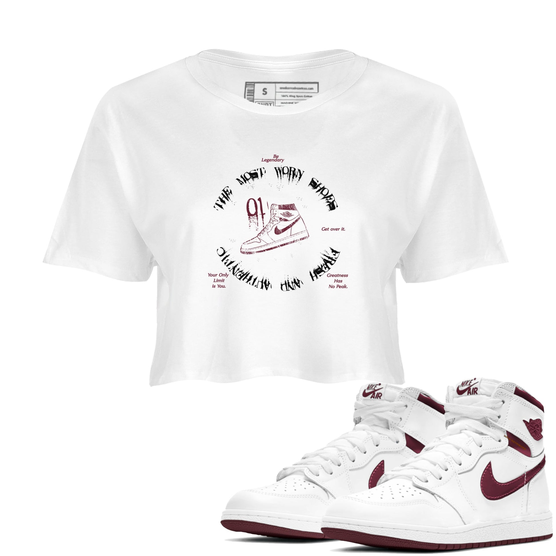 1s Metallic Burgundy shirts to match jordans The Most Worn Shoes sneaker match tees Jordan 1 Retro High '85 OG Metallic Burgundy SNRT Sneaker Tees streetwear brand White 1 crop tee