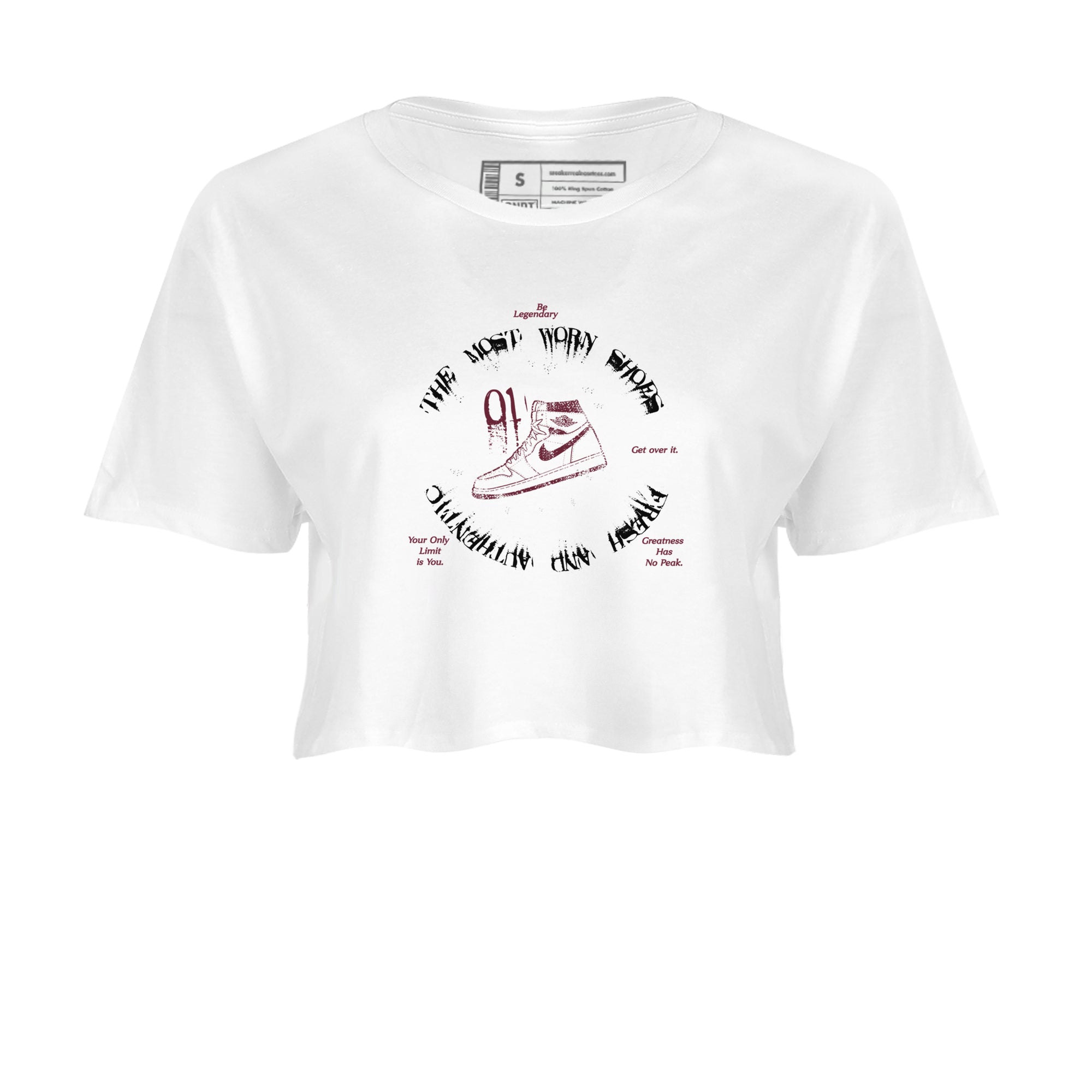 1s Metallic Burgundy shirts to match jordans The Most Worn Shoes sneaker match tees Jordan 1 Retro High '85 OG Metallic Burgundy SNRT Sneaker Tees streetwear brand White 2 crop tee