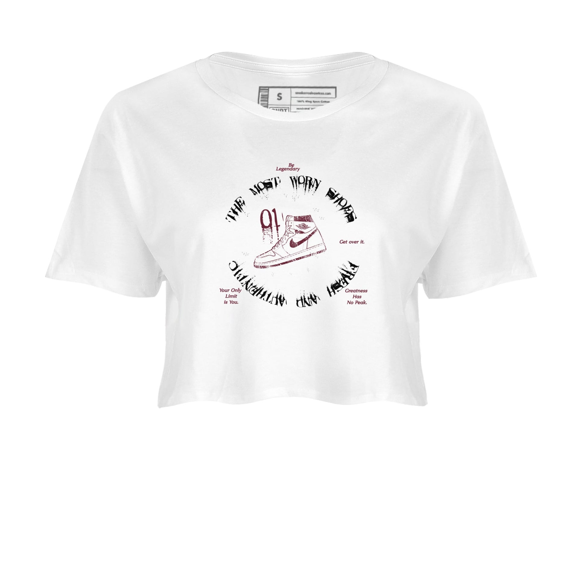 1s Metallic Burgundy shirts to match jordans The Most Worn Shoes sneaker match tees Jordan 1 Retro High '85 OG Metallic Burgundy SNRT Sneaker Tees streetwear brand White 2 crop tee