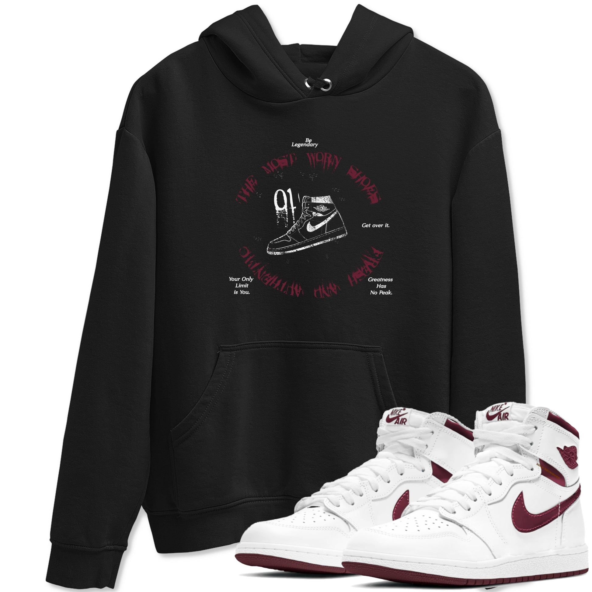 1s Metallic Burgundy shirts to match jordans The Most Worn Shoes sneaker match tees Jordan 1 Retro High '85 OG Metallic Burgundy SNRT Sneaker Tees streetwear brand Black 1 unisex cotton tee
