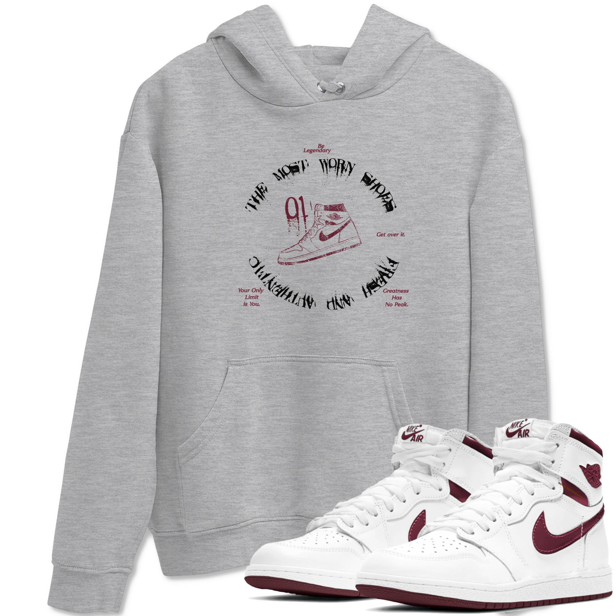 1s Metallic Burgundy shirts to match jordans The Most Worn Shoes sneaker match tees Jordan 1 Retro High '85 OG Metallic Burgundy SNRT Sneaker Tees streetwear brand Heather Grey 1 unisex cotton tee