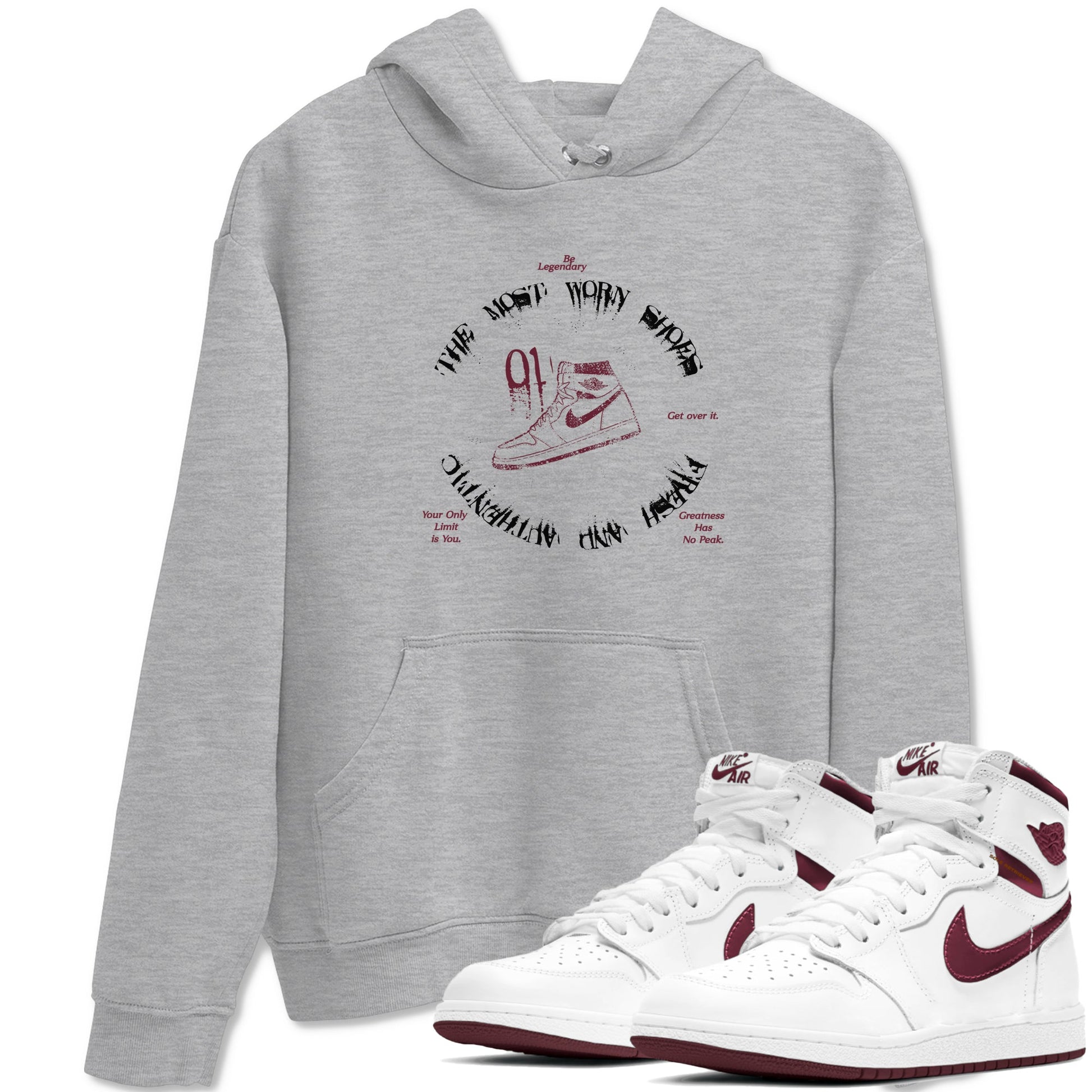 1s Metallic Burgundy shirts to match jordans The Most Worn Shoes sneaker match tees Jordan 1 Retro High '85 OG Metallic Burgundy SNRT Sneaker Tees streetwear brand Heather Grey 1 unisex cotton tee