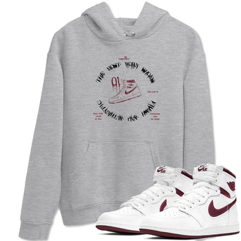 1s Metallic Burgundy shirts to match jordans The Most Worn Shoes sneaker match tees Jordan 1 Retro High '85 OG Metallic Burgundy SNRT Sneaker Tees streetwear brand Heather Grey 1 unisex cotton tee