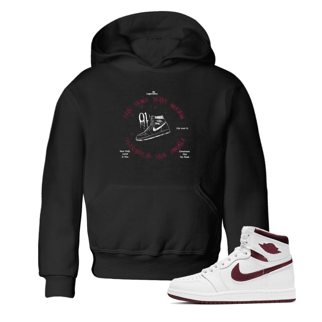1s Metallic Burgundy shirts to match jordans The Most Worn Shoes sneaker match tees Jordan 1 Retro High '85 OG Metallic Burgundy SNRT Sneaker Tees streetwear brand Baby and Youth Black 1 cotton tee