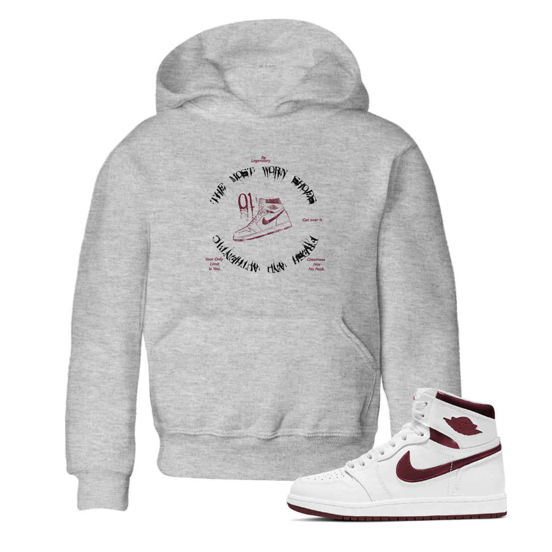 1s Metallic Burgundy shirts to match jordans The Most Worn Shoes sneaker match tees Jordan 1 Retro High '85 OG Metallic Burgundy SNRT Sneaker Tees streetwear brand Baby and Youth Heather Grey 1 cotton tee