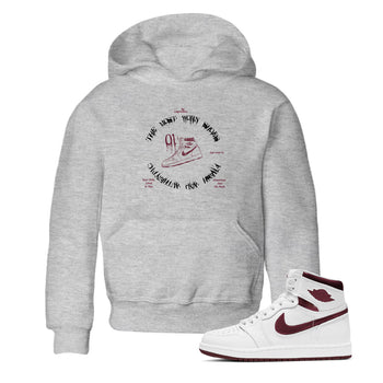 1s Metallic Burgundy shirts to match jordans The Most Worn Shoes sneaker match tees Jordan 1 Retro High '85 OG Metallic Burgundy SNRT Sneaker Tees streetwear brand Baby and Youth Heather Grey 1 cotton tee