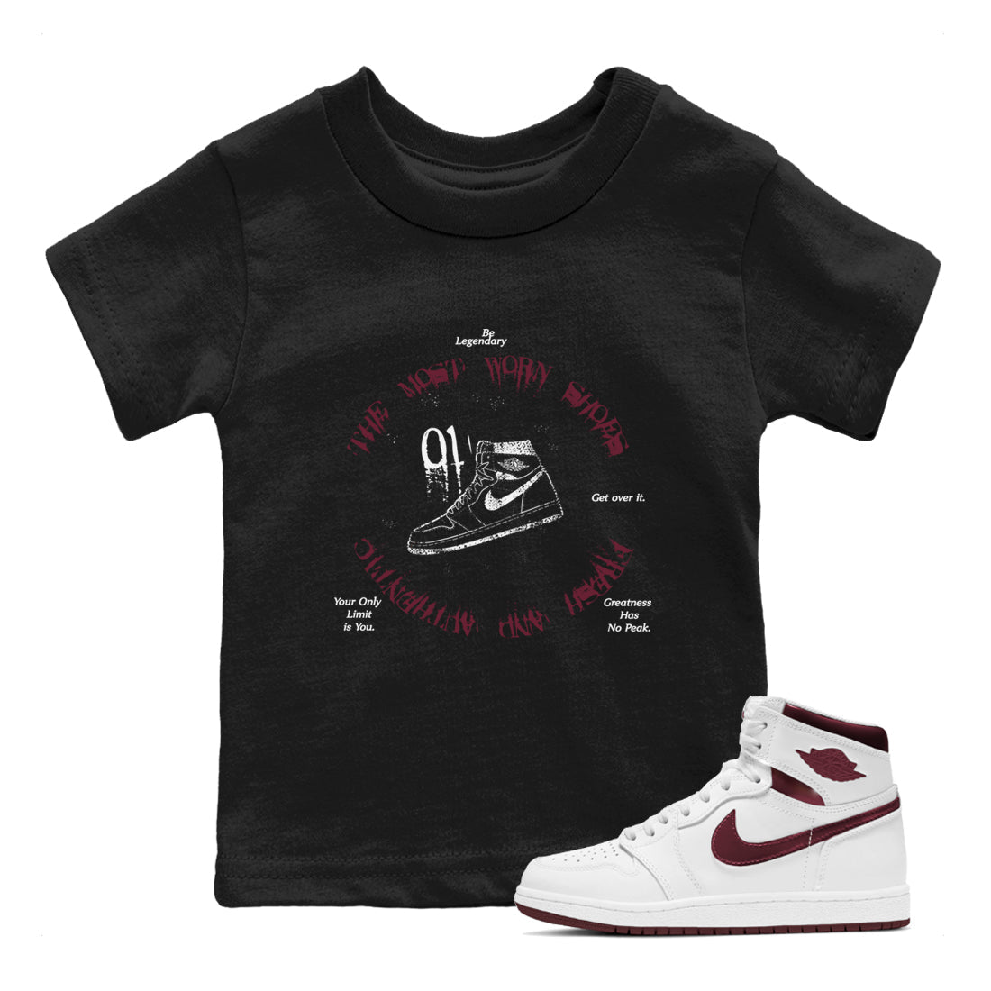 1s Metallic Burgundy shirts to match jordans The Most Worn Shoes sneaker match tees Jordan 1 Retro High '85 OG Metallic Burgundy SNRT Sneaker Tees streetwear brand Baby and Youth Black 1 cotton tee