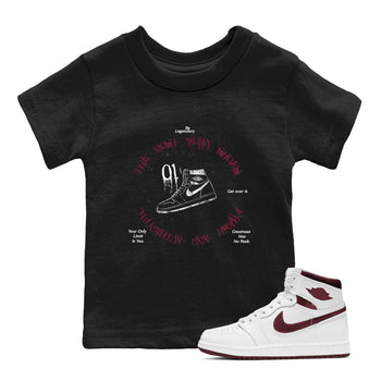 1s Metallic Burgundy shirts to match jordans The Most Worn Shoes sneaker match tees Jordan 1 Retro High '85 OG Metallic Burgundy SNRT Sneaker Tees streetwear brand Baby and Youth Black 1 cotton tee