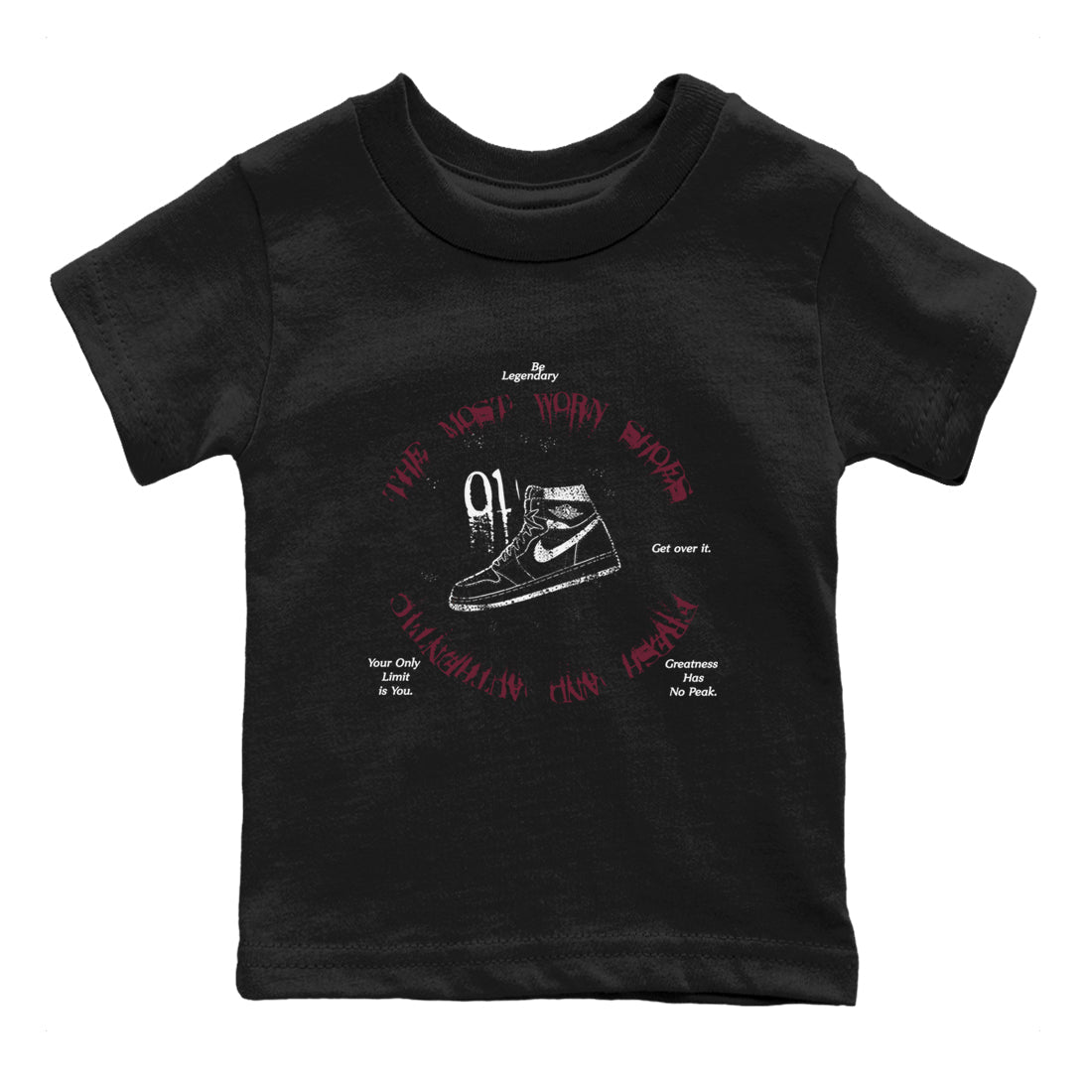 1s Metallic Burgundy shirts to match jordans The Most Worn Shoes sneaker match tees Jordan 1 Retro High '85 OG Metallic Burgundy SNRT Sneaker Tees streetwear brand Baby and Youth Black 2 cotton tee