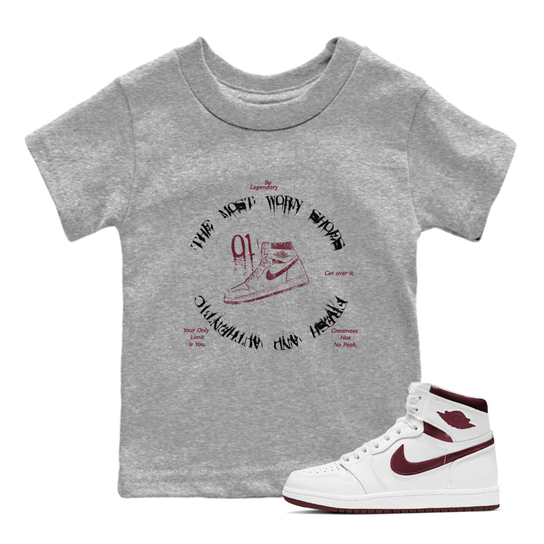 1s Metallic Burgundy shirts to match jordans The Most Worn Shoes sneaker match tees Jordan 1 Retro High '85 OG Metallic Burgundy SNRT Sneaker Tees streetwear brand Baby and Youth Heather Grey 1 cotton tee