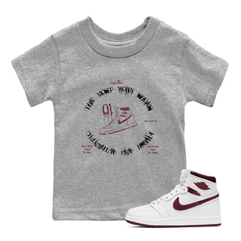 1s Metallic Burgundy shirts to match jordans The Most Worn Shoes sneaker match tees Jordan 1 Retro High '85 OG Metallic Burgundy SNRT Sneaker Tees streetwear brand Baby and Youth Heather Grey 1 cotton tee
