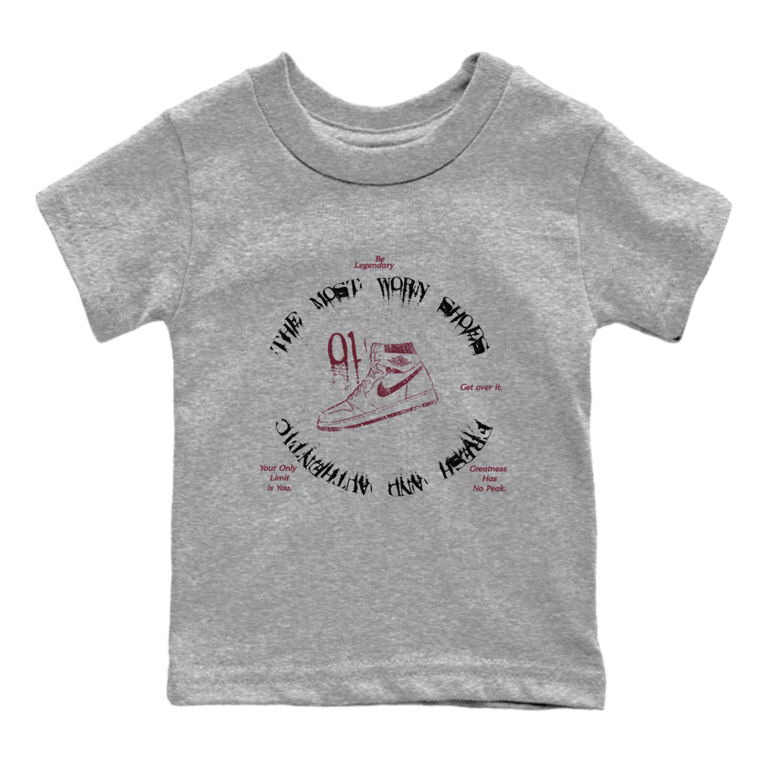 1s Metallic Burgundy shirts to match jordans The Most Worn Shoes sneaker match tees Jordan 1 Retro High '85 OG Metallic Burgundy SNRT Sneaker Tees streetwear brand Baby and Youth Heather Grey 2 cotton tee