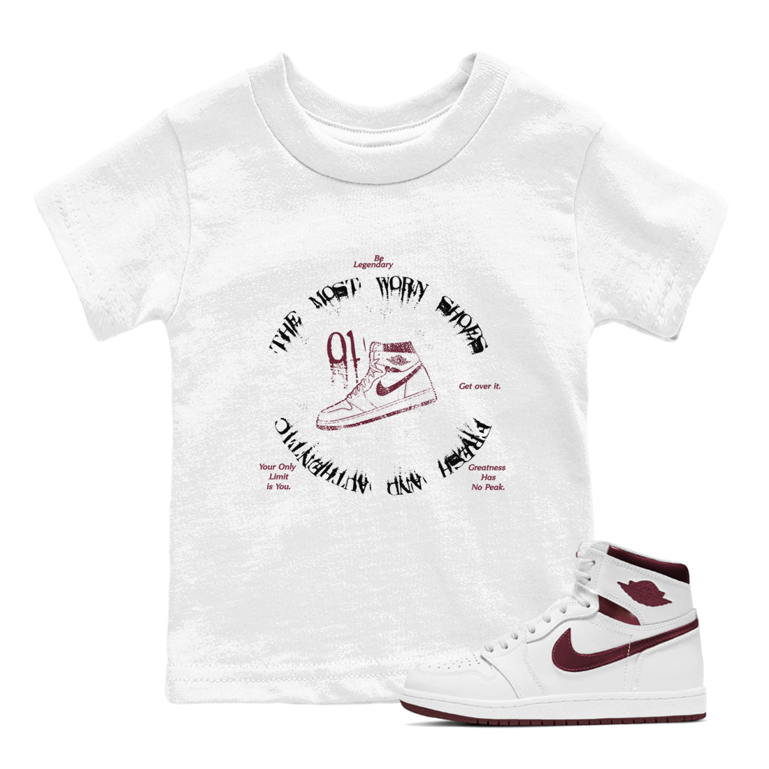 1s Metallic Burgundy shirts to match jordans The Most Worn Shoes sneaker match tees Jordan 1 Retro High '85 OG Metallic Burgundy SNRT Sneaker Tees streetwear brand Baby and Youth White 1 cotton tee