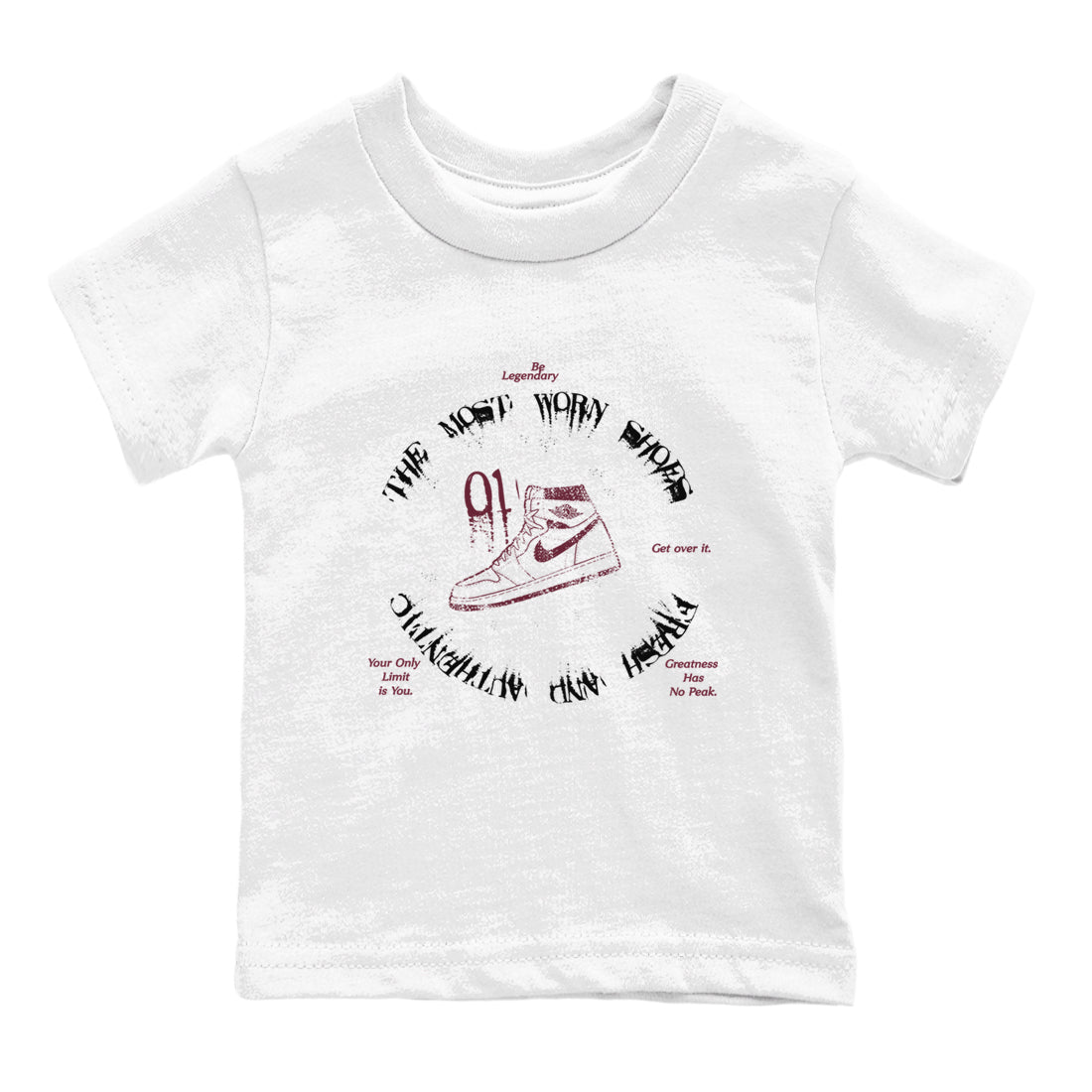 1s Metallic Burgundy shirts to match jordans The Most Worn Shoes sneaker match tees Jordan 1 Retro High '85 OG Metallic Burgundy SNRT Sneaker Tees streetwear brand Baby and Youth White 2 cotton tee