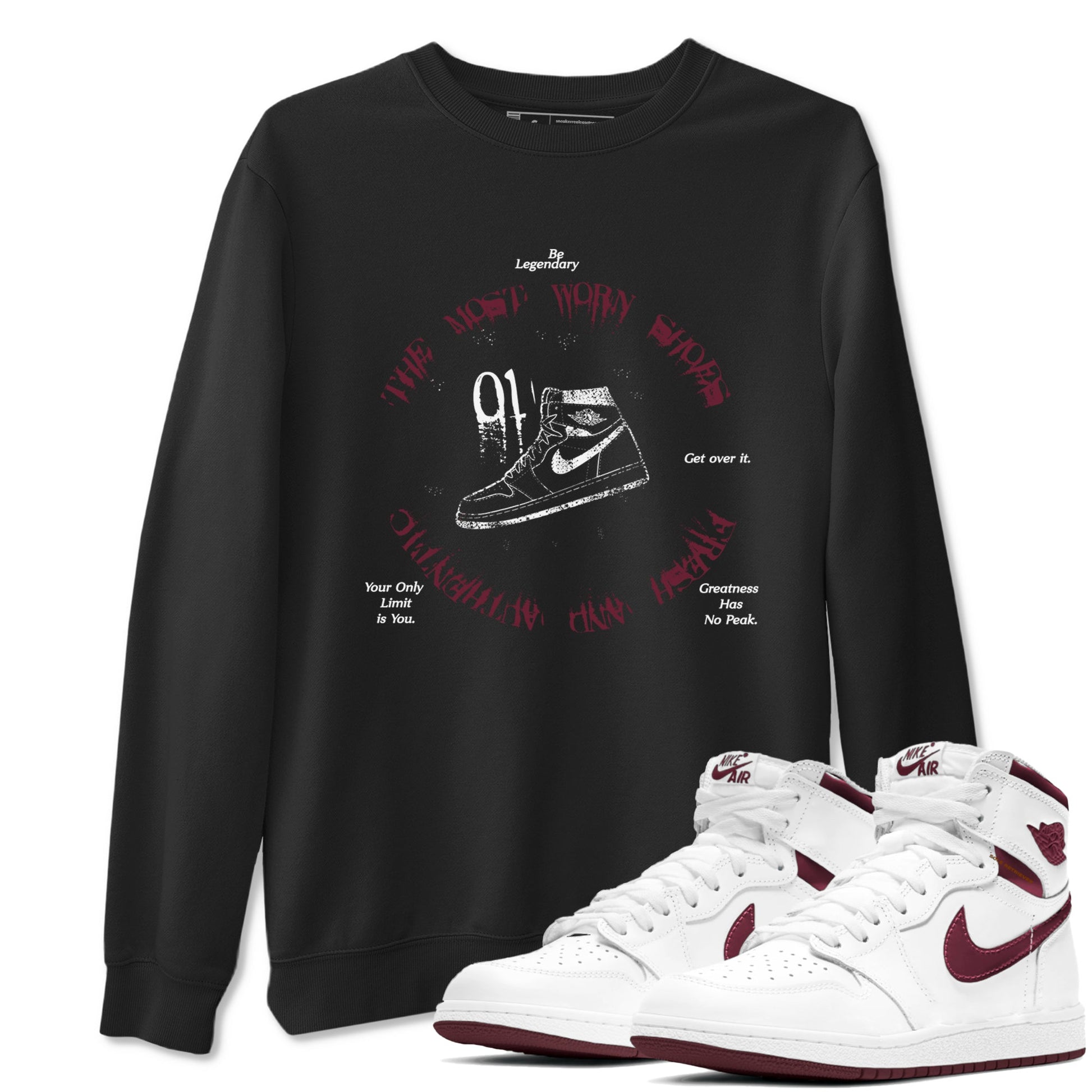 1s Metallic Burgundy shirts to match jordans The Most Worn Shoes sneaker match tees Jordan 1 Retro High '85 OG Metallic Burgundy SNRT Sneaker Tees streetwear brand Black 1 unisex cotton tee
