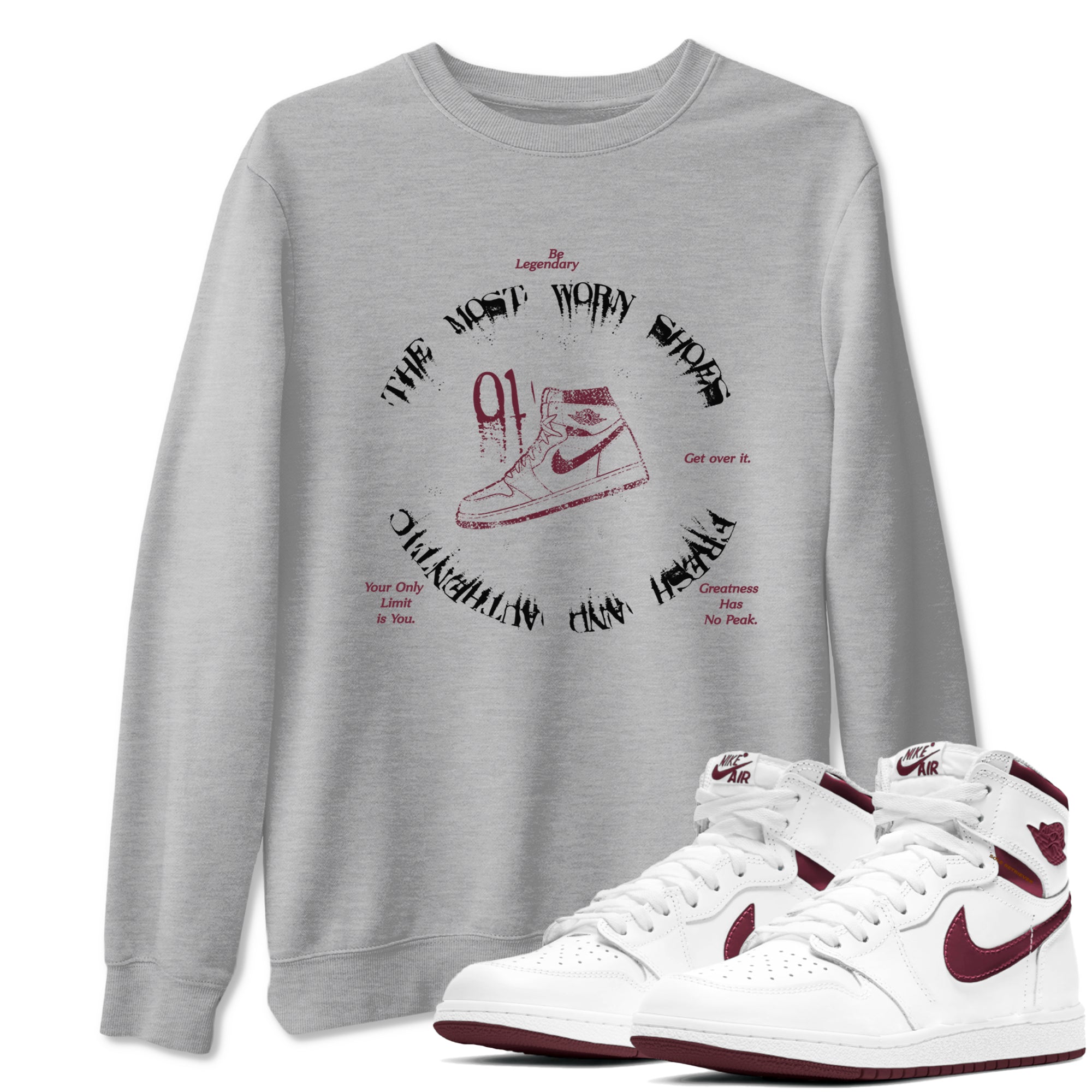 1s Metallic Burgundy shirts to match jordans The Most Worn Shoes sneaker match tees Jordan 1 Retro High '85 OG Metallic Burgundy SNRT Sneaker Tees streetwear brand Heather Grey 1 unisex cotton tee